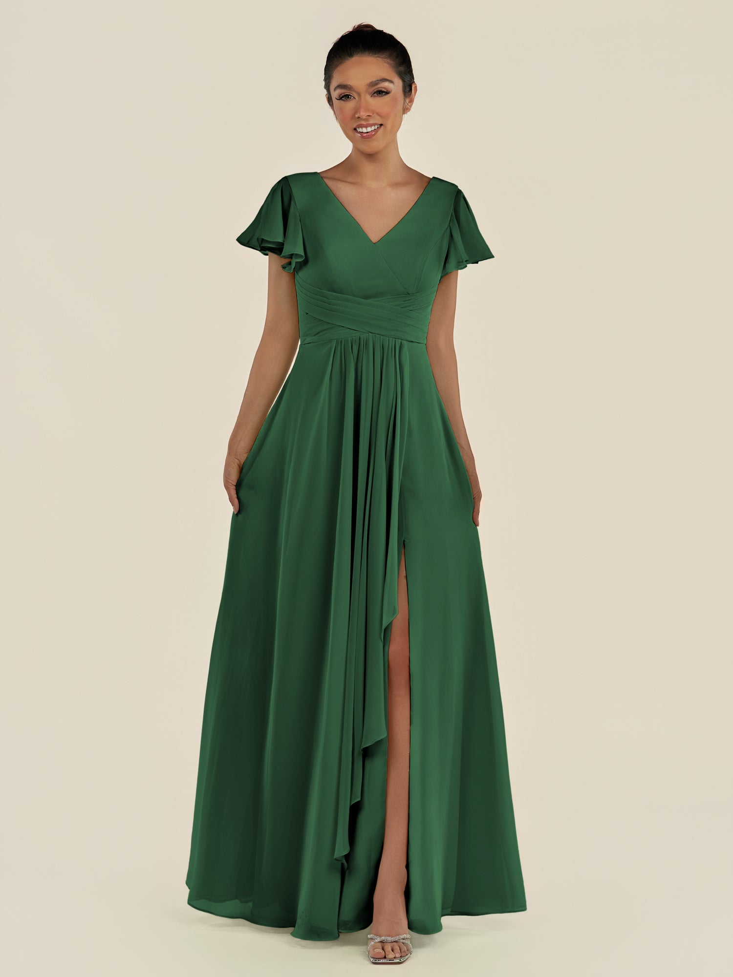 KissDress-Corin Dark Green A Line Chiffon V Neck Long Bridesmaid Dress with Flutter Sleeves