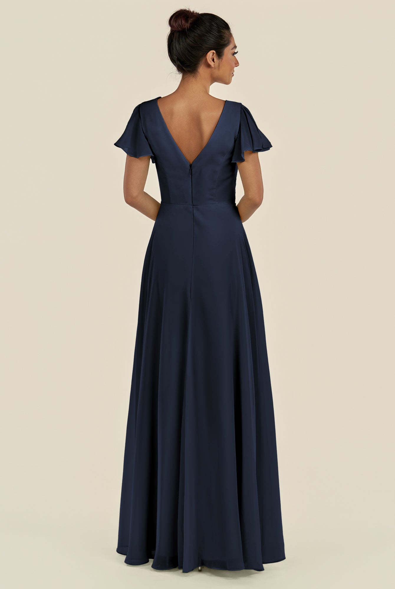 KissDress-Corin Dark Navy A Line Chiffon V Neck Long Bridesmaid Dress with Flutter Sleeves