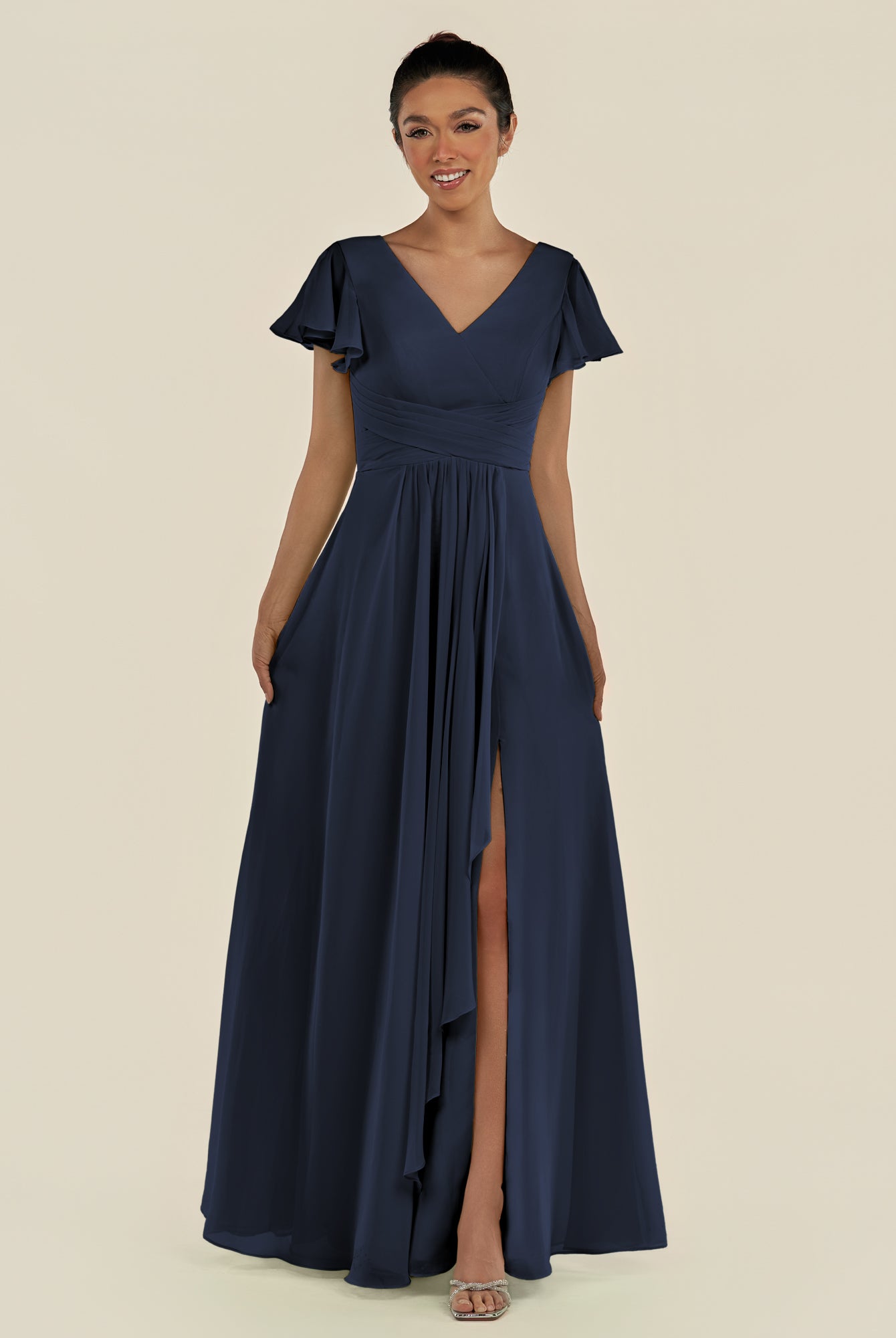 KissDress-Corin Dark Navy A Line Chiffon V Neck Long Bridesmaid Dress with Flutter Sleeves