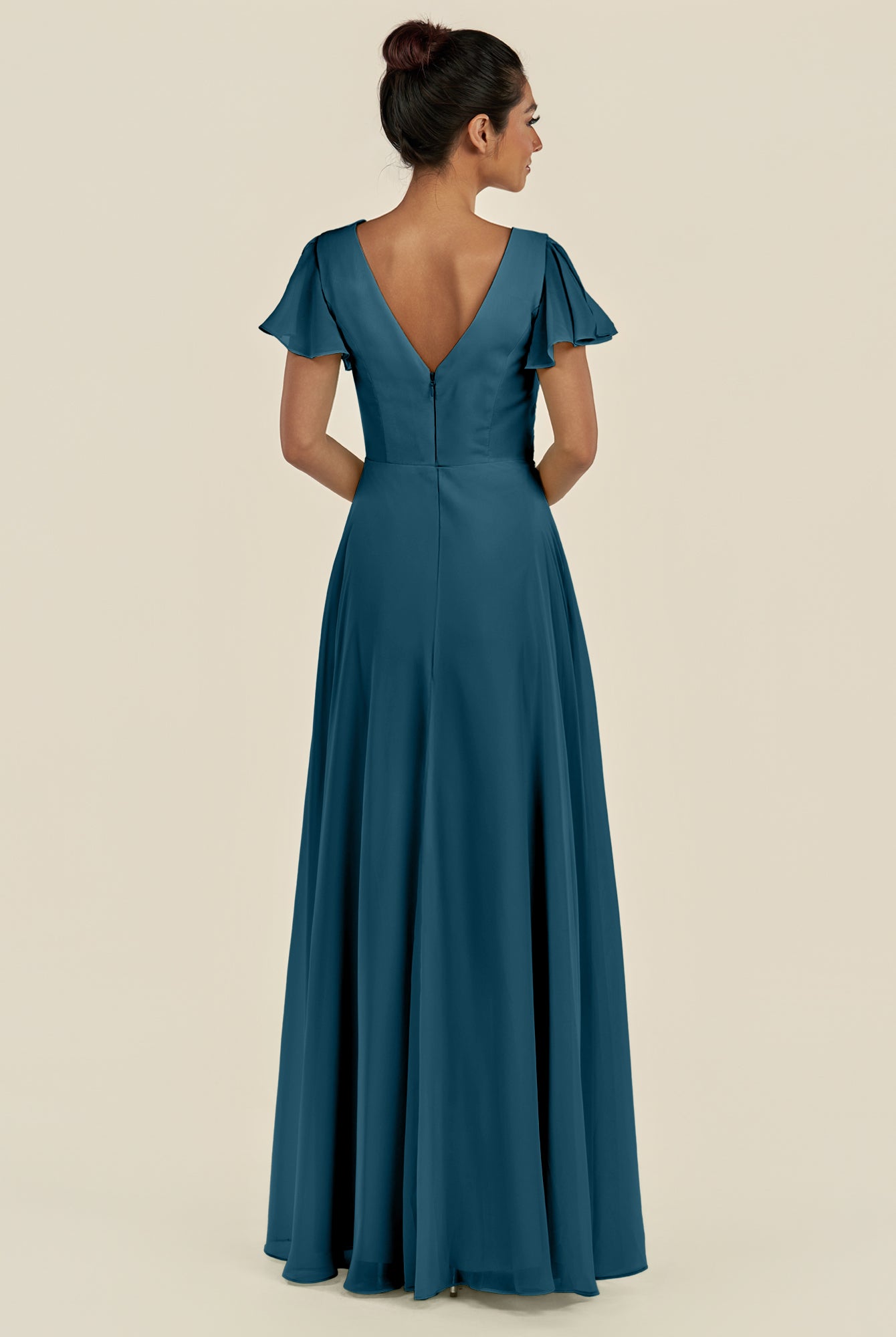 KissDress-Corin Dark Teal A Line Chiffon V Neck Long Bridesmaid Dress with Flutter Sleeves