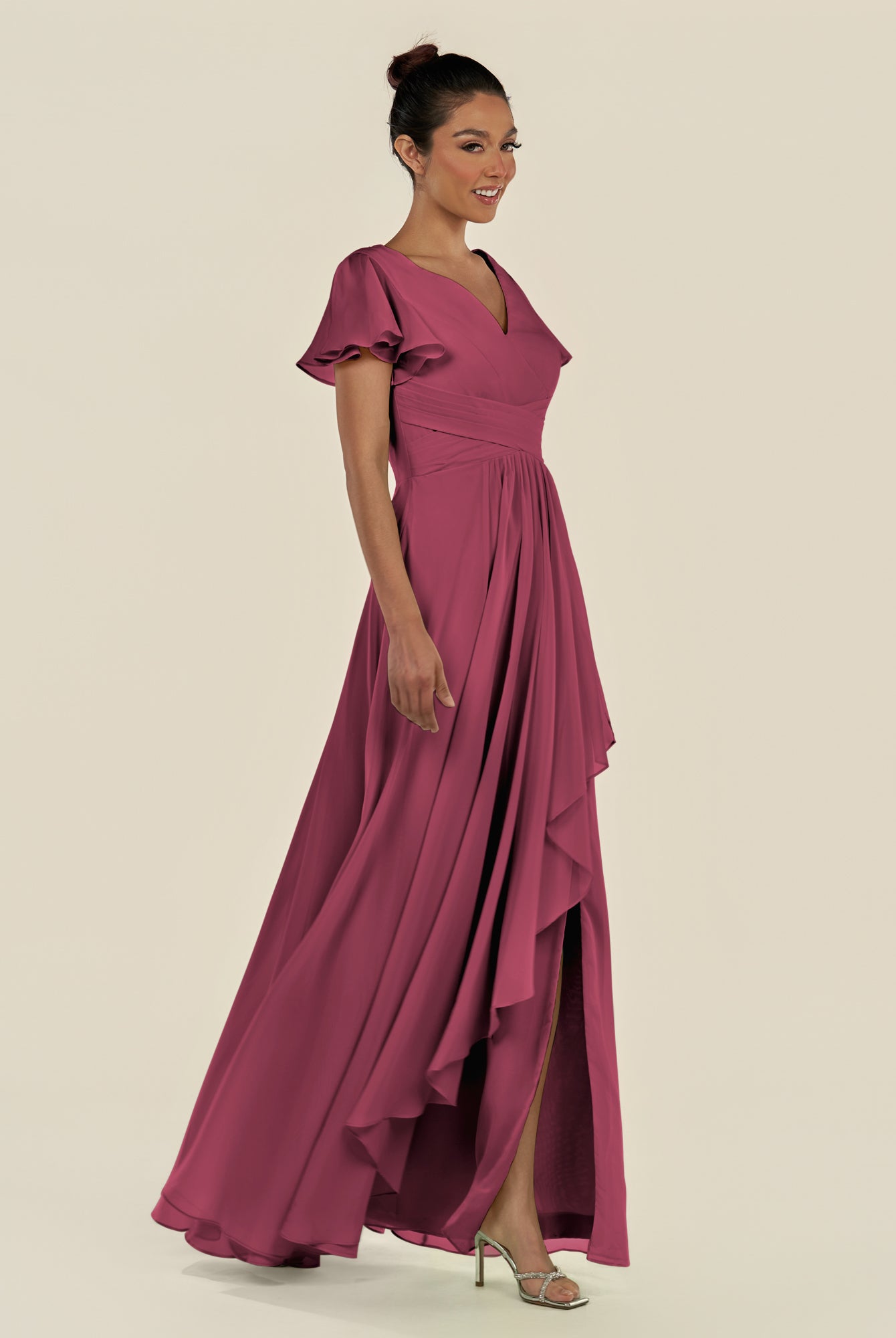 KissDress-Corin Desert Rose A Line Chiffon V Neck Long Bridesmaid Dress with Flutter Sleeves