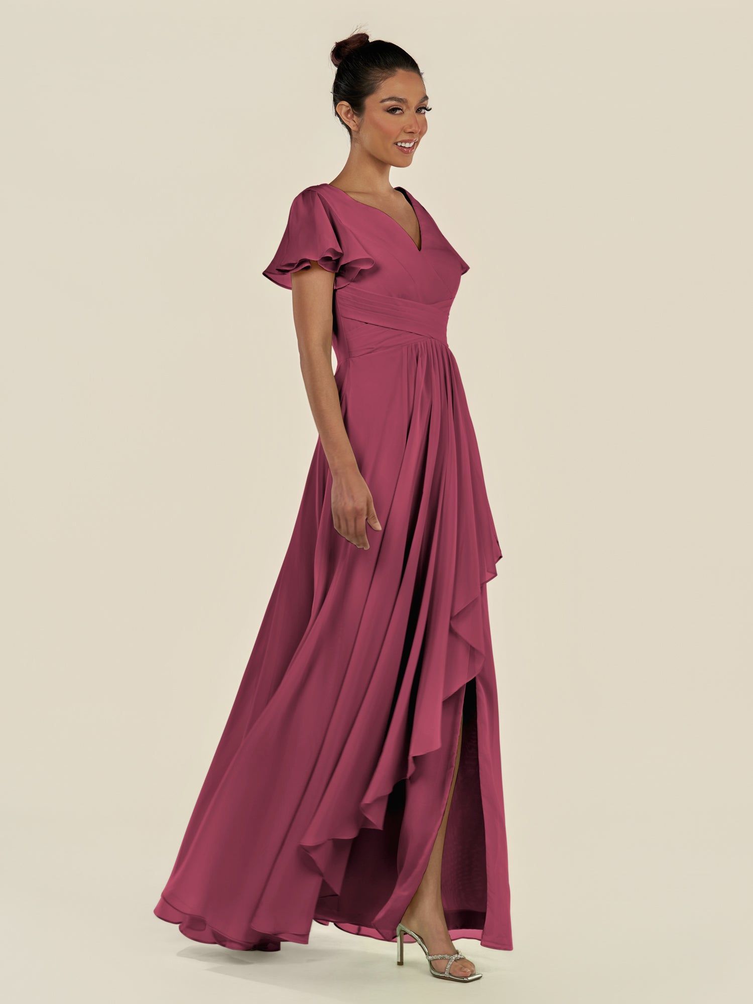 KissDress-Corin Desert Rose A Line Chiffon V Neck Long Bridesmaid Dress with Flutter Sleeves
