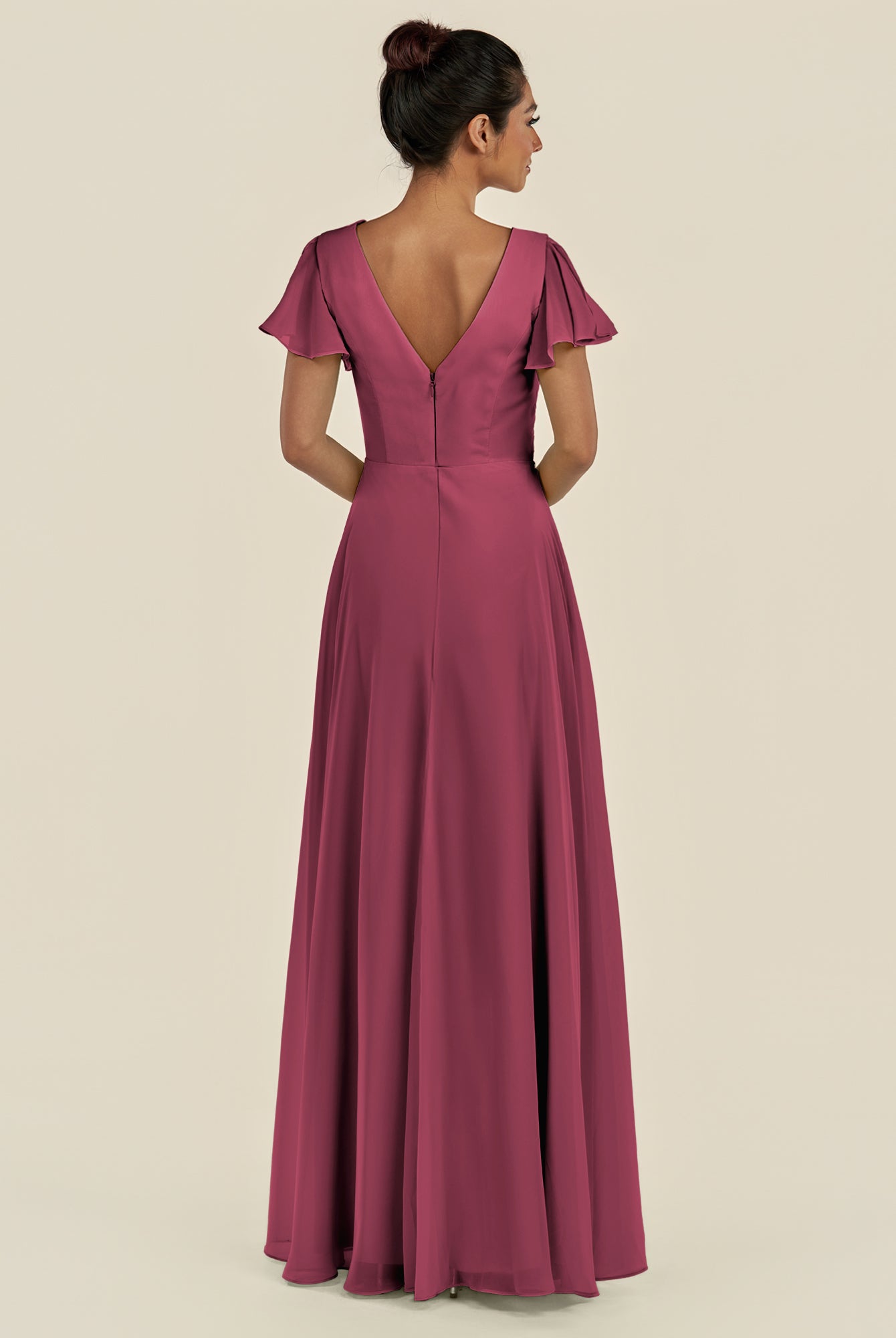 KissDress-Corin Desert Rose A Line Chiffon V Neck Long Bridesmaid Dress with Flutter Sleeves