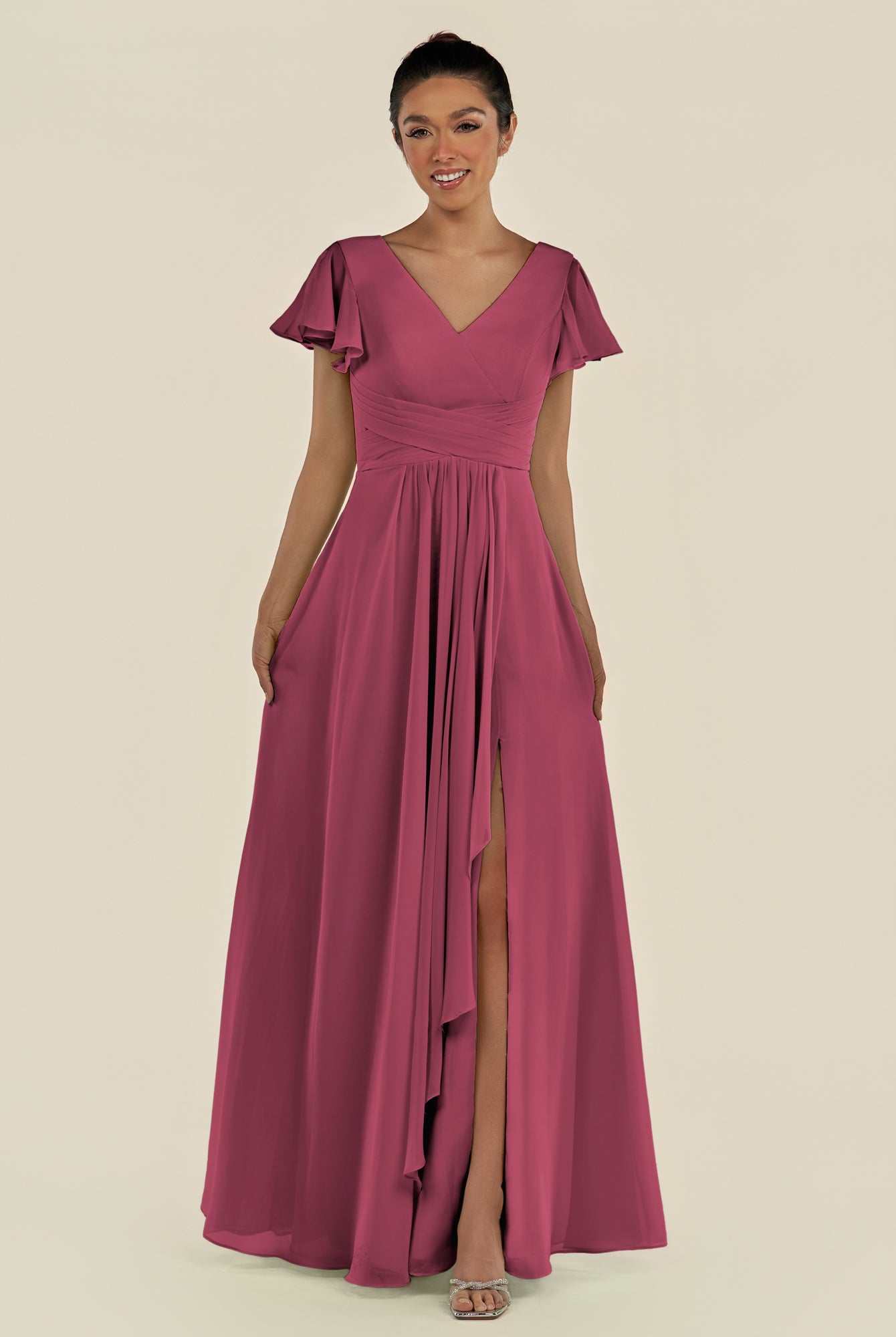 KissDress-Corin Desert Rose A Line Chiffon V Neck Long Bridesmaid Dress with Flutter Sleeves