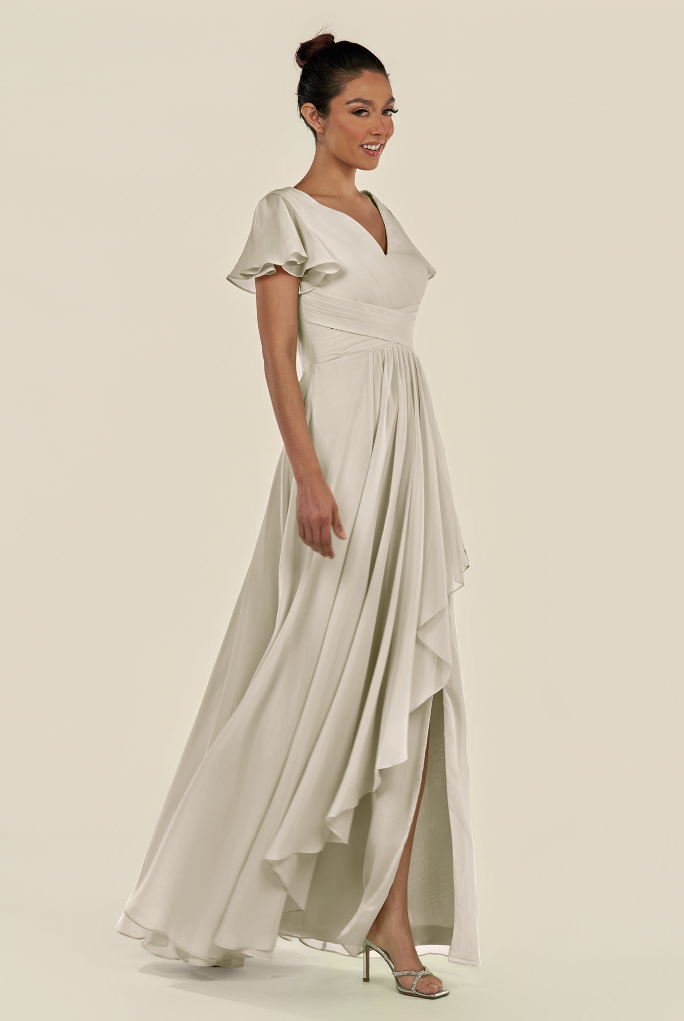 KissDress-Corin Dove Gray A Line Chiffon V Neck Long Bridesmaid Dress with Flutter Sleeves