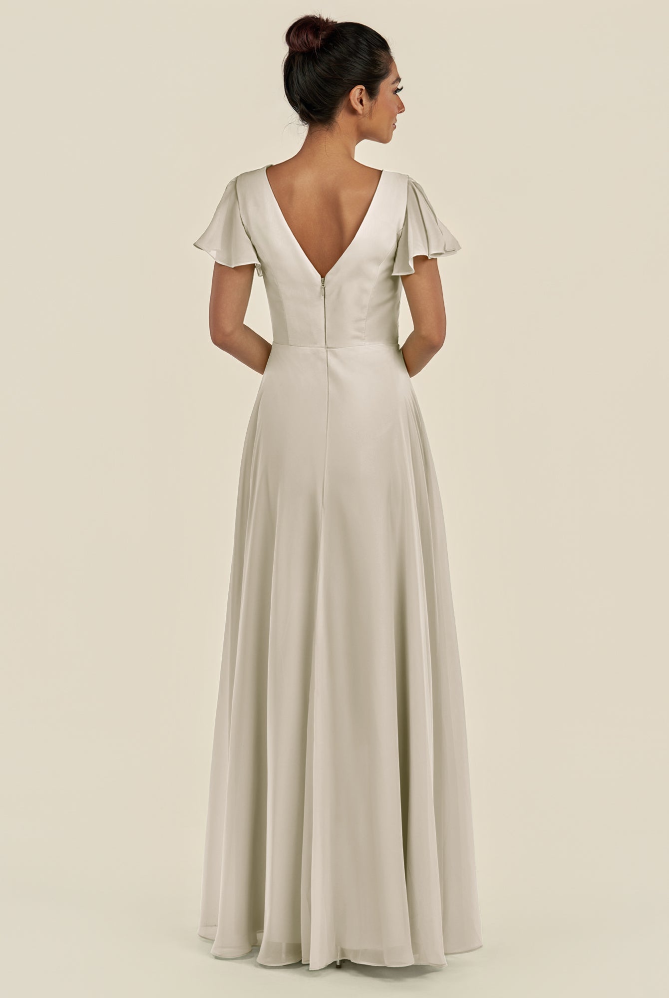 KissDress-Corin Dove Gray A Line Chiffon V Neck Long Bridesmaid Dress with Flutter Sleeves
