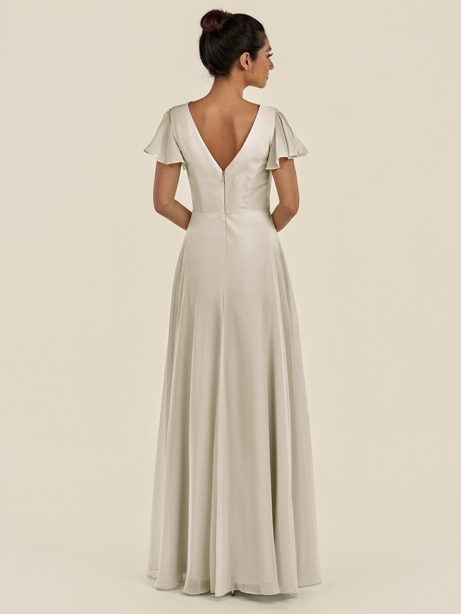 KissDress-Corin Dove Gray A Line Chiffon V Neck Long Bridesmaid Dress with Flutter Sleeves