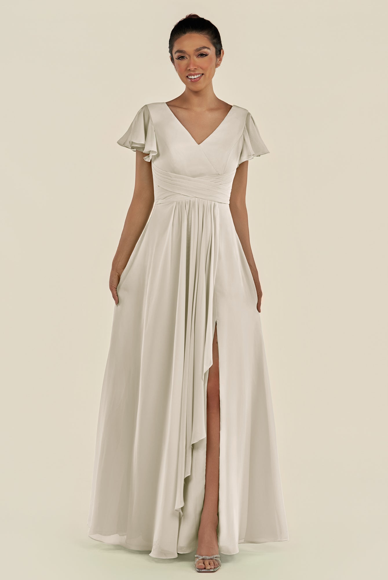 KissDress-Corin Dove Gray A Line Chiffon V Neck Long Bridesmaid Dress with Flutter Sleeves