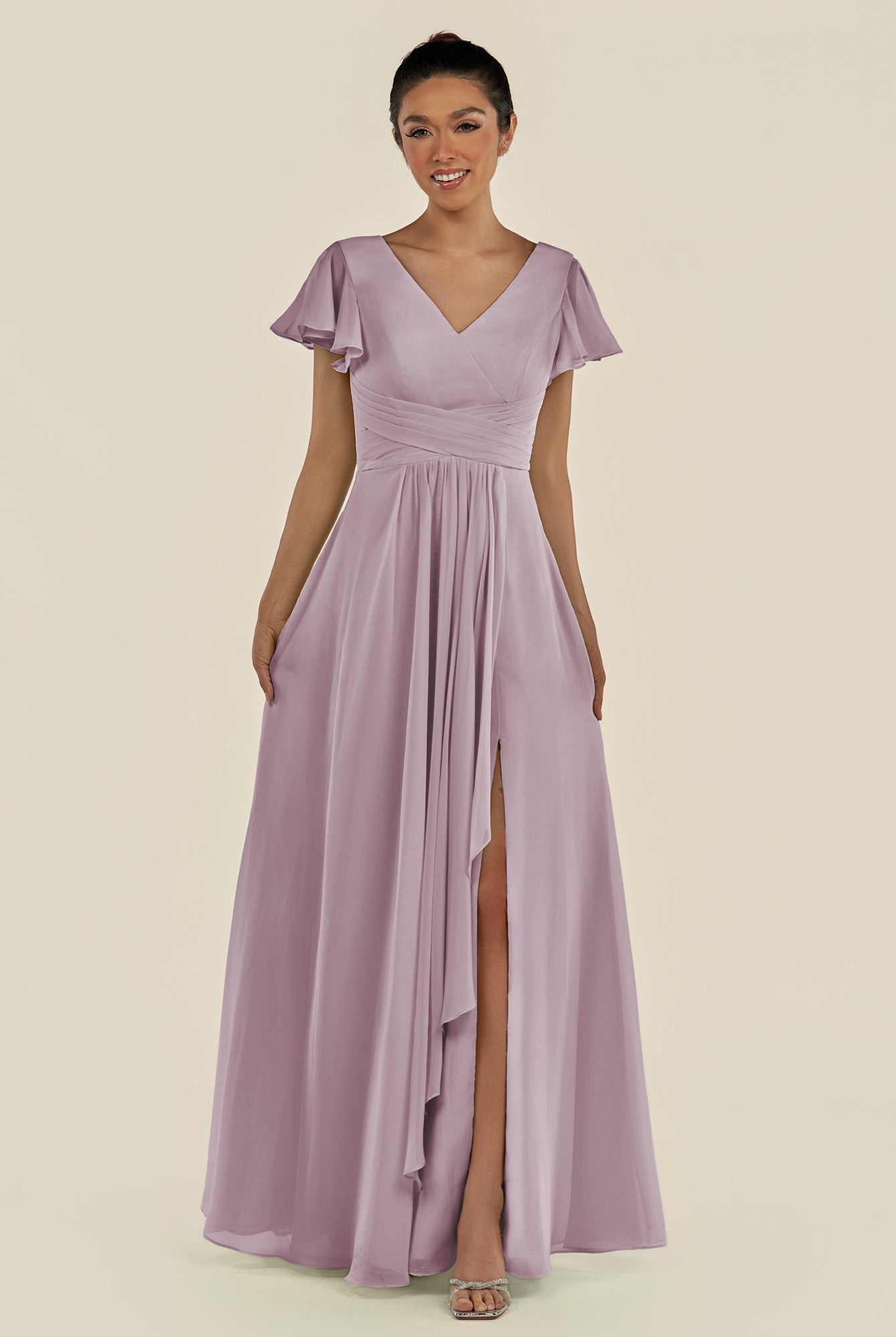 KissDress-Corin Dusk A Line Chiffon V Neck Long Bridesmaid Dress with Flutter Sleeves