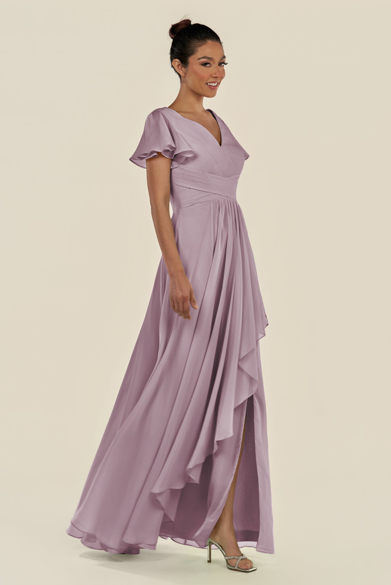 KissDress-Corin Dusk A Line Chiffon V Neck Long Bridesmaid Dress with Flutter Sleeves