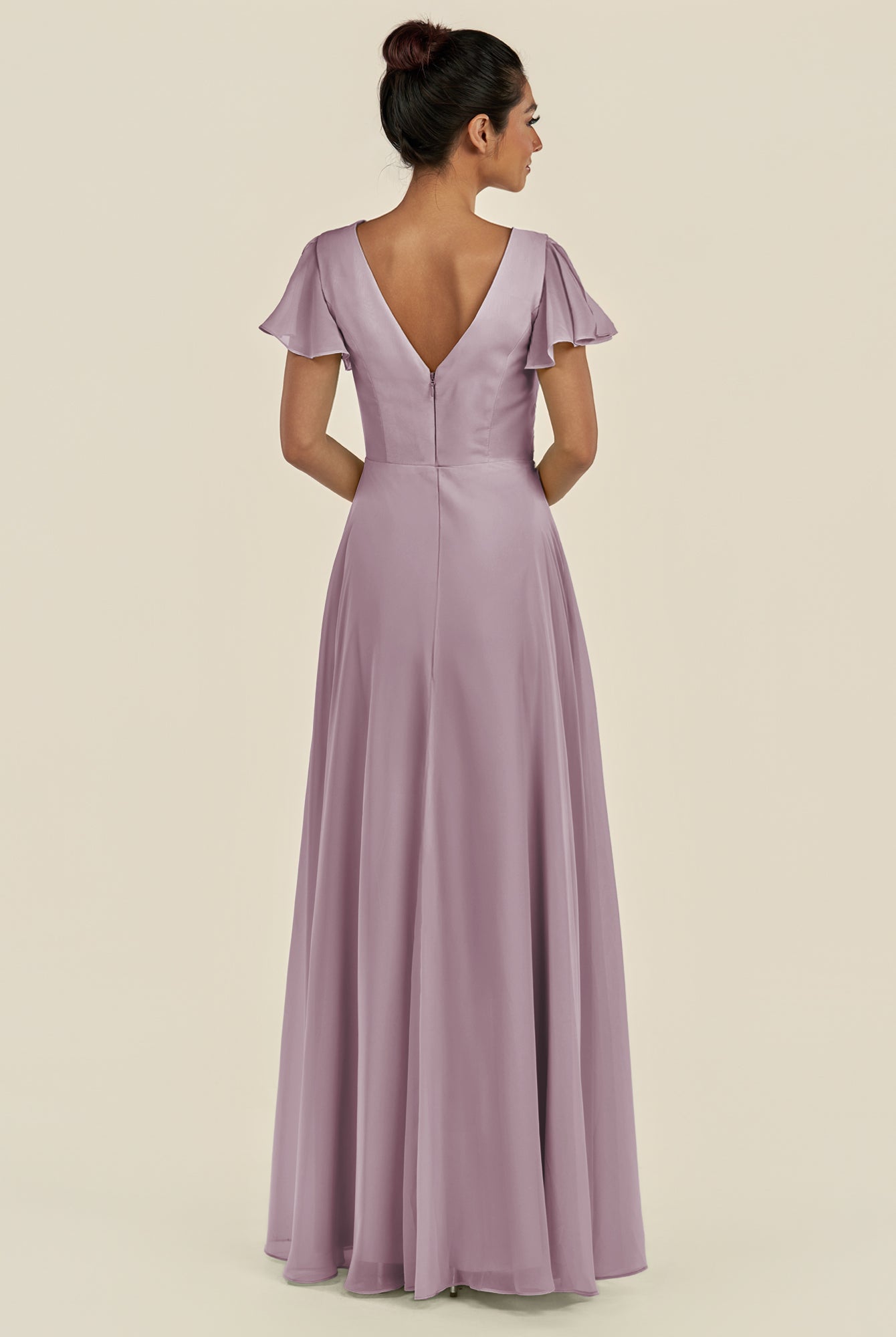 KissDress-Corin Dusk A Line Chiffon V Neck Long Bridesmaid Dress with Flutter Sleeves