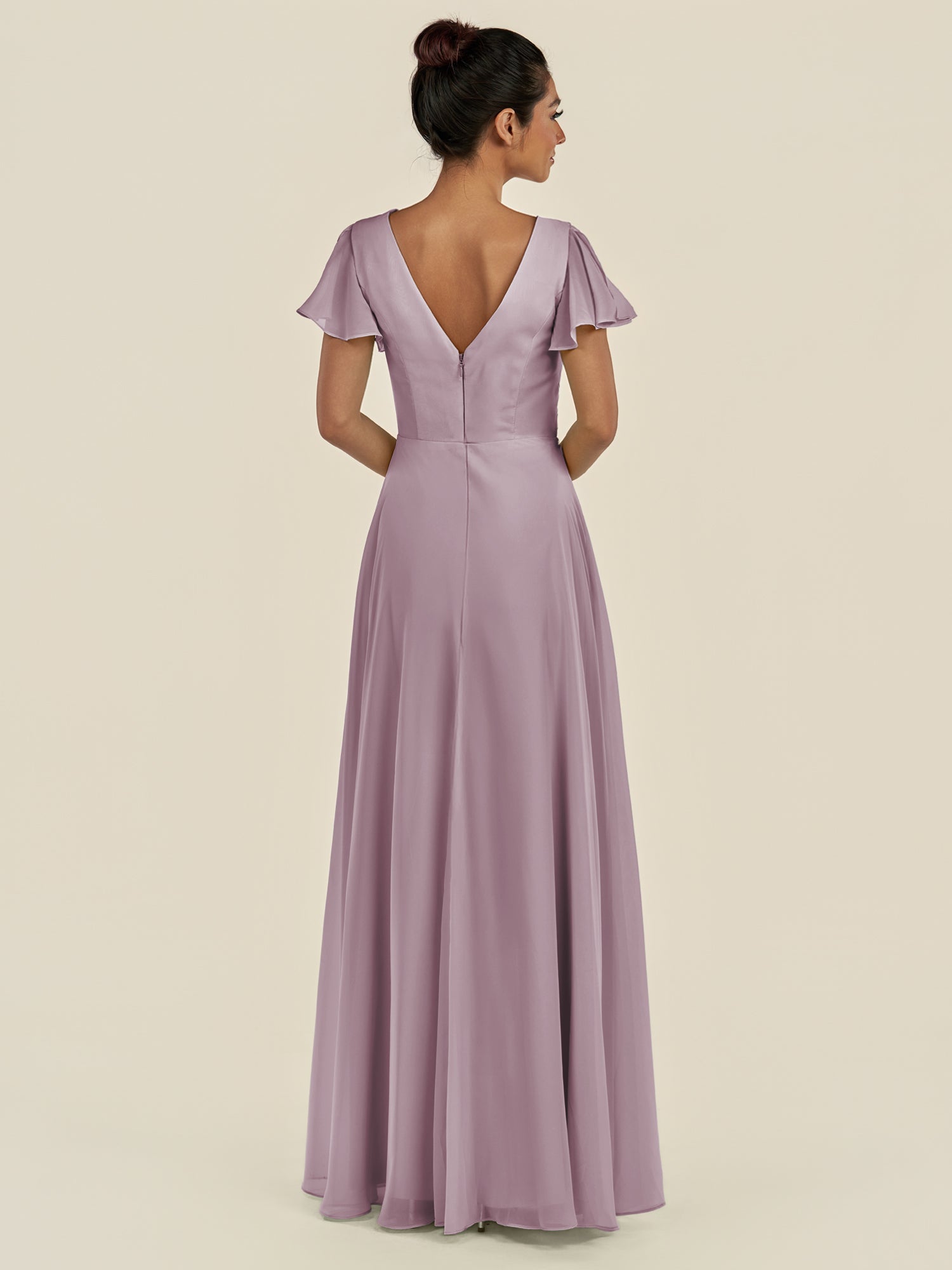 KissDress-Corin Dusk A Line Chiffon V Neck Long Bridesmaid Dress with Flutter Sleeves
