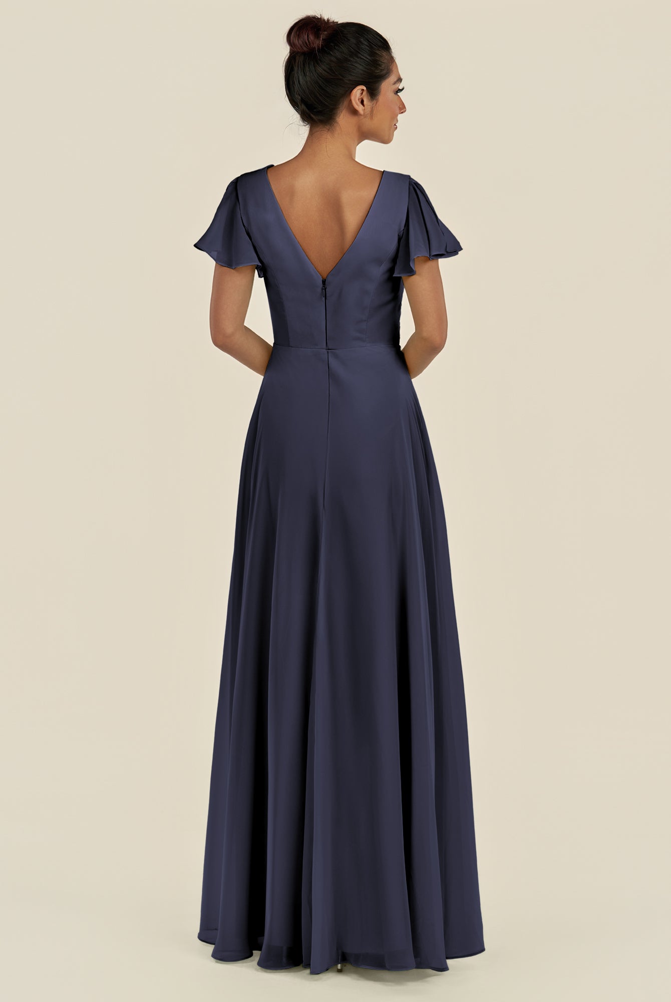 KissDress-Corin Dusk Blue A Line Chiffon V Neck Long Bridesmaid Dress with Flutter Sleeves