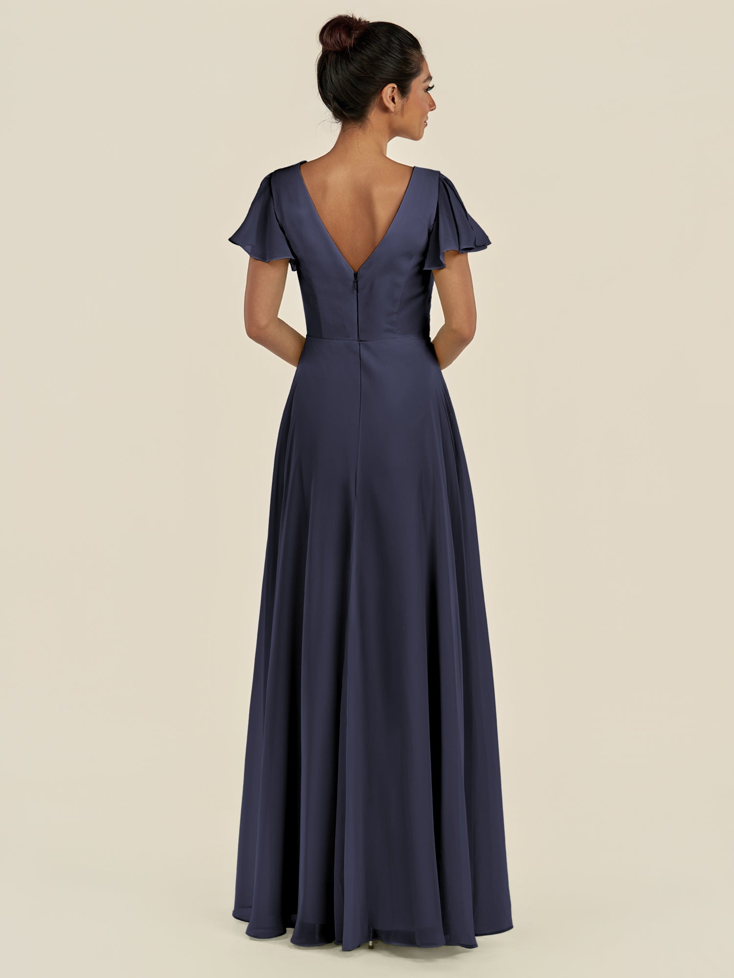 KissDress-Corin Dusk Blue A Line Chiffon V Neck Long Bridesmaid Dress with Flutter Sleeves