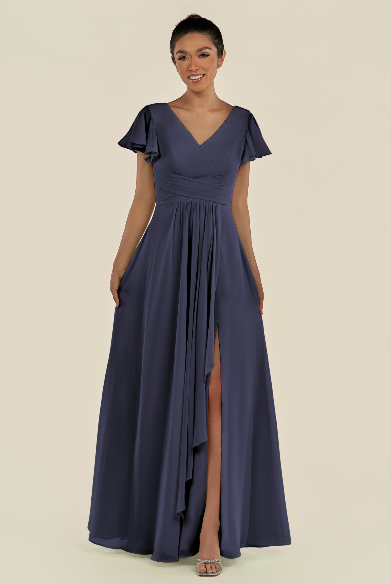KissDress-Corin Dusk Blue A Line Chiffon V Neck Long Bridesmaid Dress with Flutter Sleeves