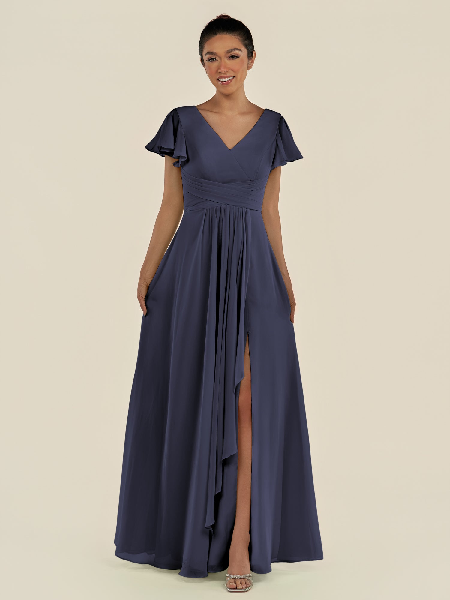 KissDress-Corin Dusk Blue A Line Chiffon V Neck Long Bridesmaid Dress with Flutter Sleeves