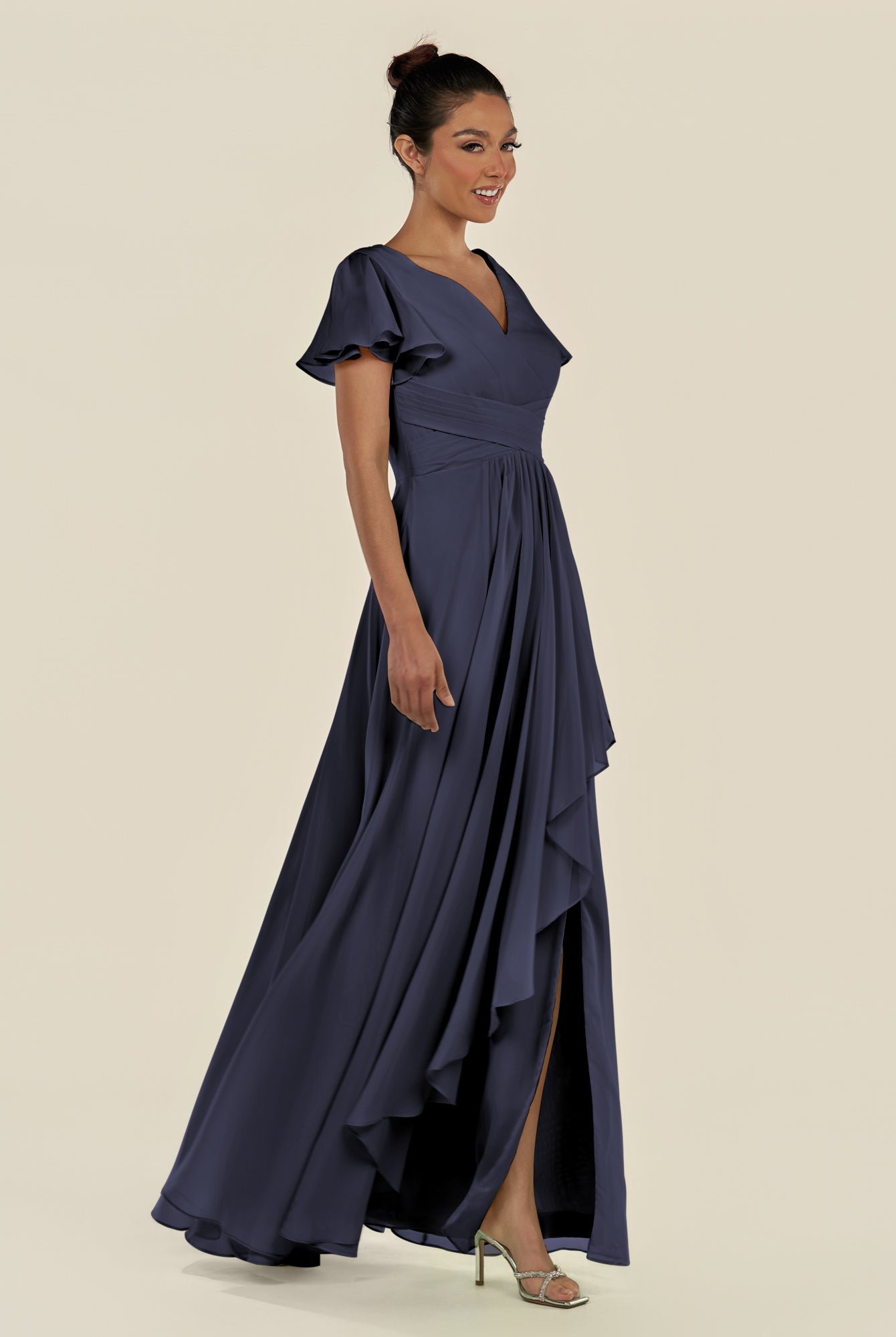 KissDress-Corin Dusk Blue A Line Chiffon V Neck Long Bridesmaid Dress with Flutter Sleeves