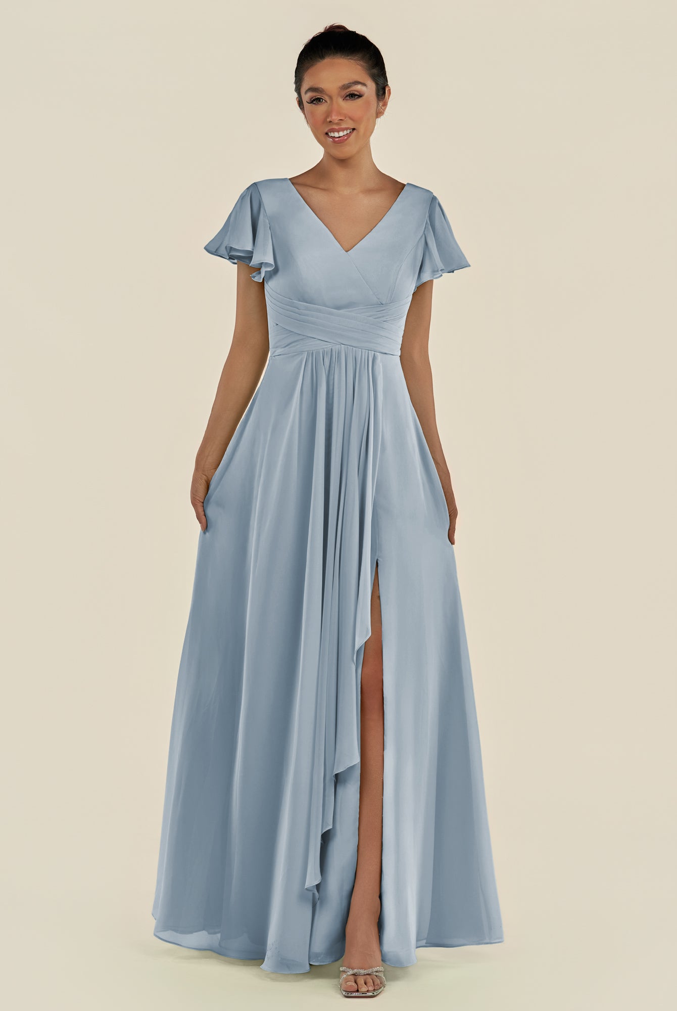 KissDress-Corin Dusty Blue A Line Chiffon V Neck Long Bridesmaid Dress with Flutter Sleeves