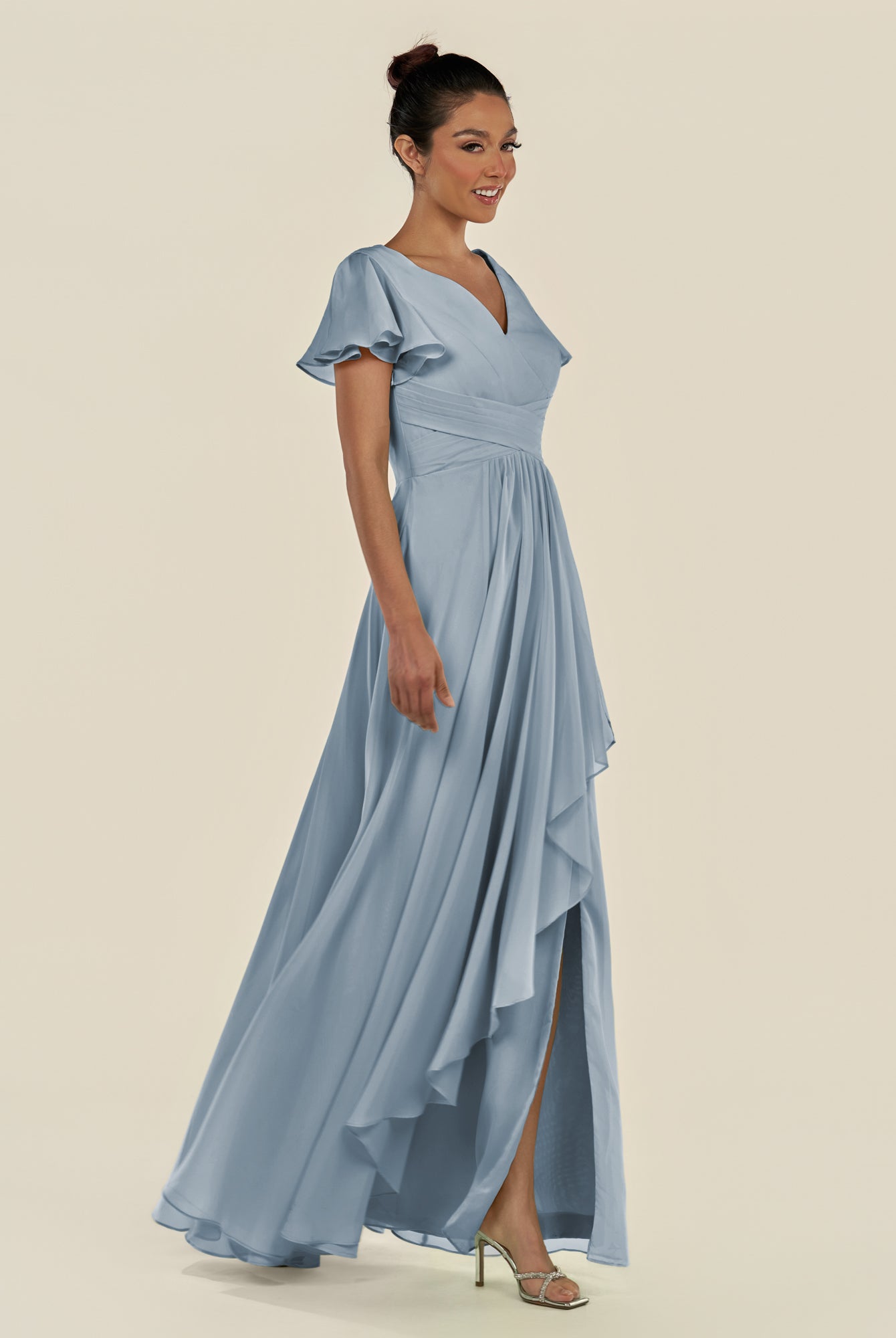 KissDress-Corin Dusty Blue A Line Chiffon V Neck Long Bridesmaid Dress with Flutter Sleeves