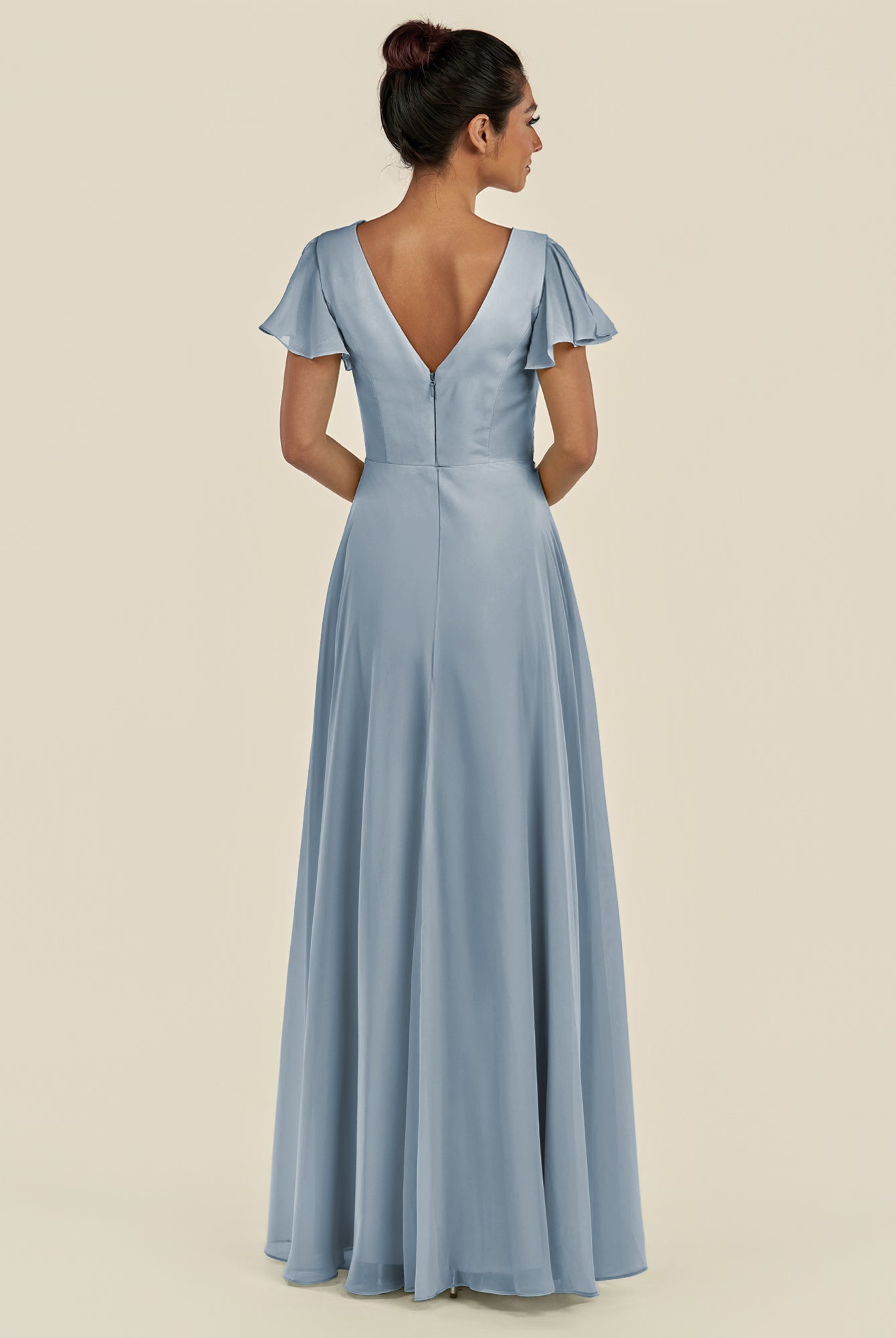 KissDress-Corin Dusty Blue A Line Chiffon V Neck Long Bridesmaid Dress with Flutter Sleeves