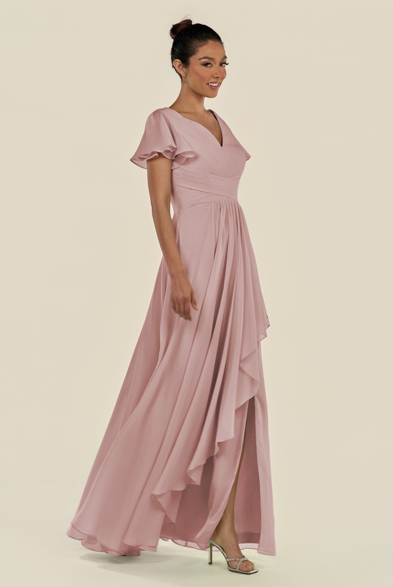 KissDress-Corin Dusty Rose A Line Chiffon V Neck Long Bridesmaid Dress with Flutter Sleeves