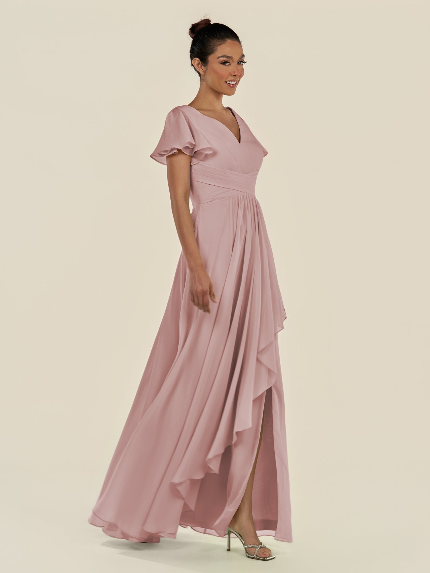 KissDress-Corin Dusty Rose A Line Chiffon V Neck Long Bridesmaid Dress with Flutter Sleeves