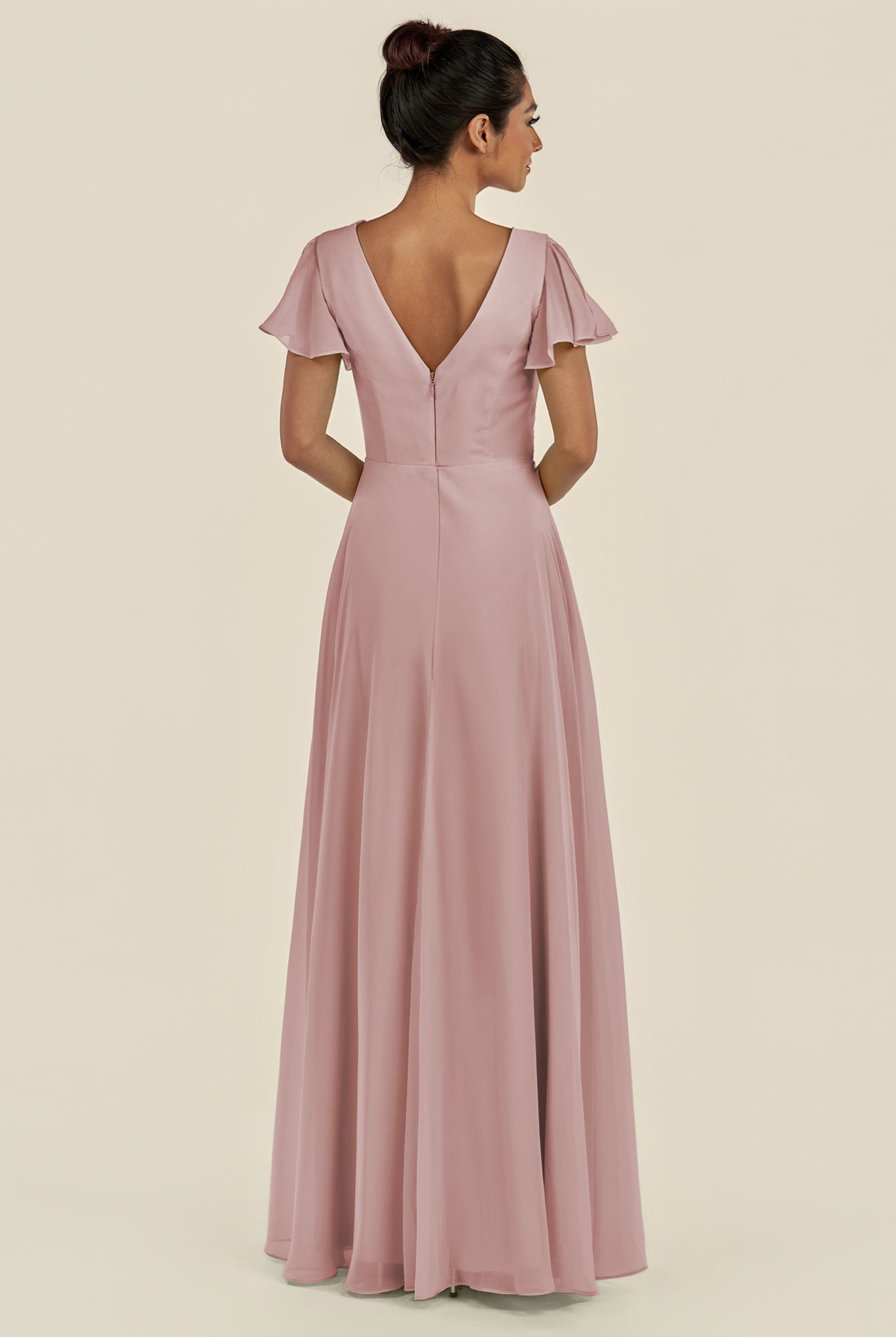 KissDress-Corin Dusty Rose A Line Chiffon V Neck Long Bridesmaid Dress with Flutter Sleeves