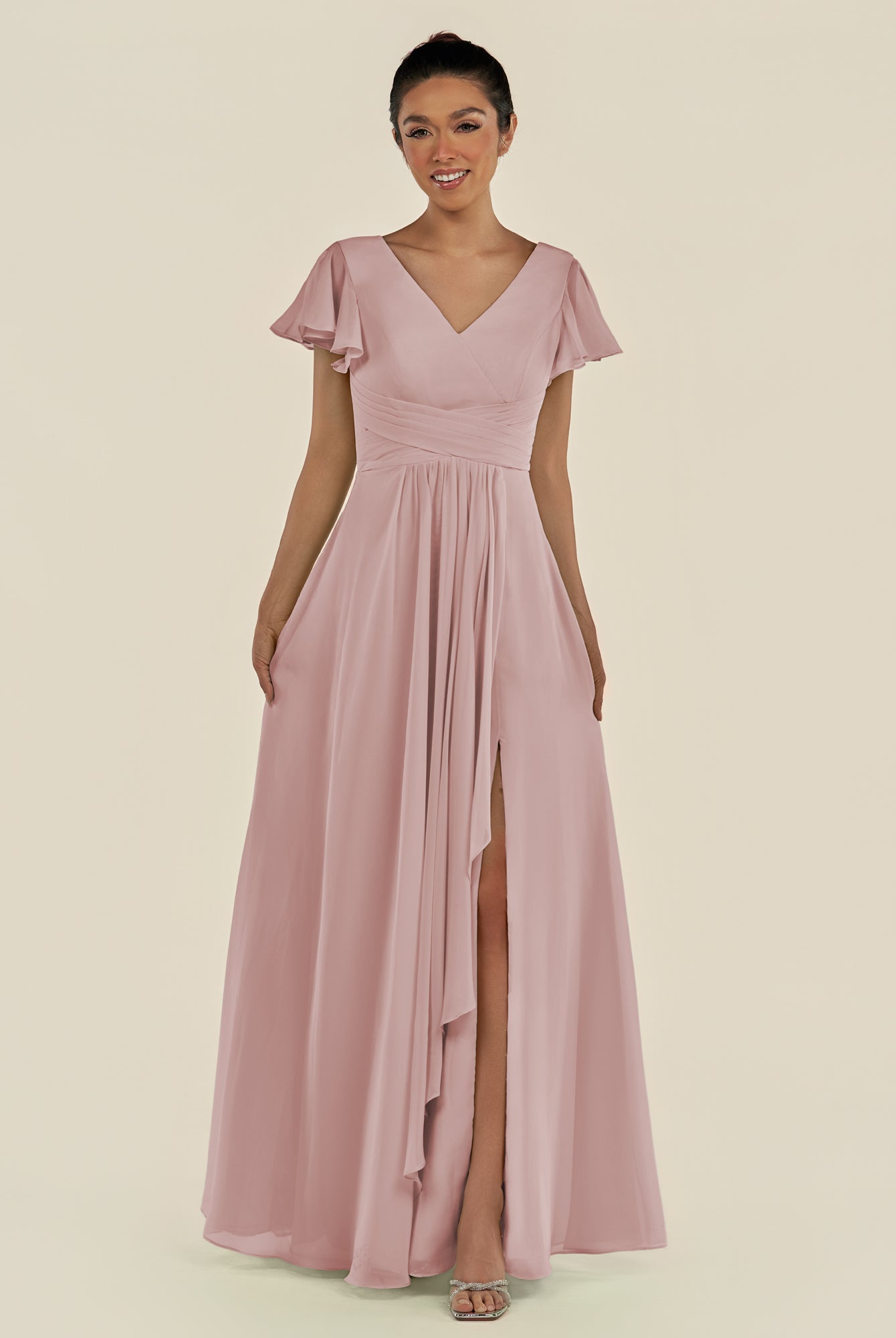 KissDress-Corin Dusty Rose A Line Chiffon V Neck Long Bridesmaid Dress with Flutter Sleeves