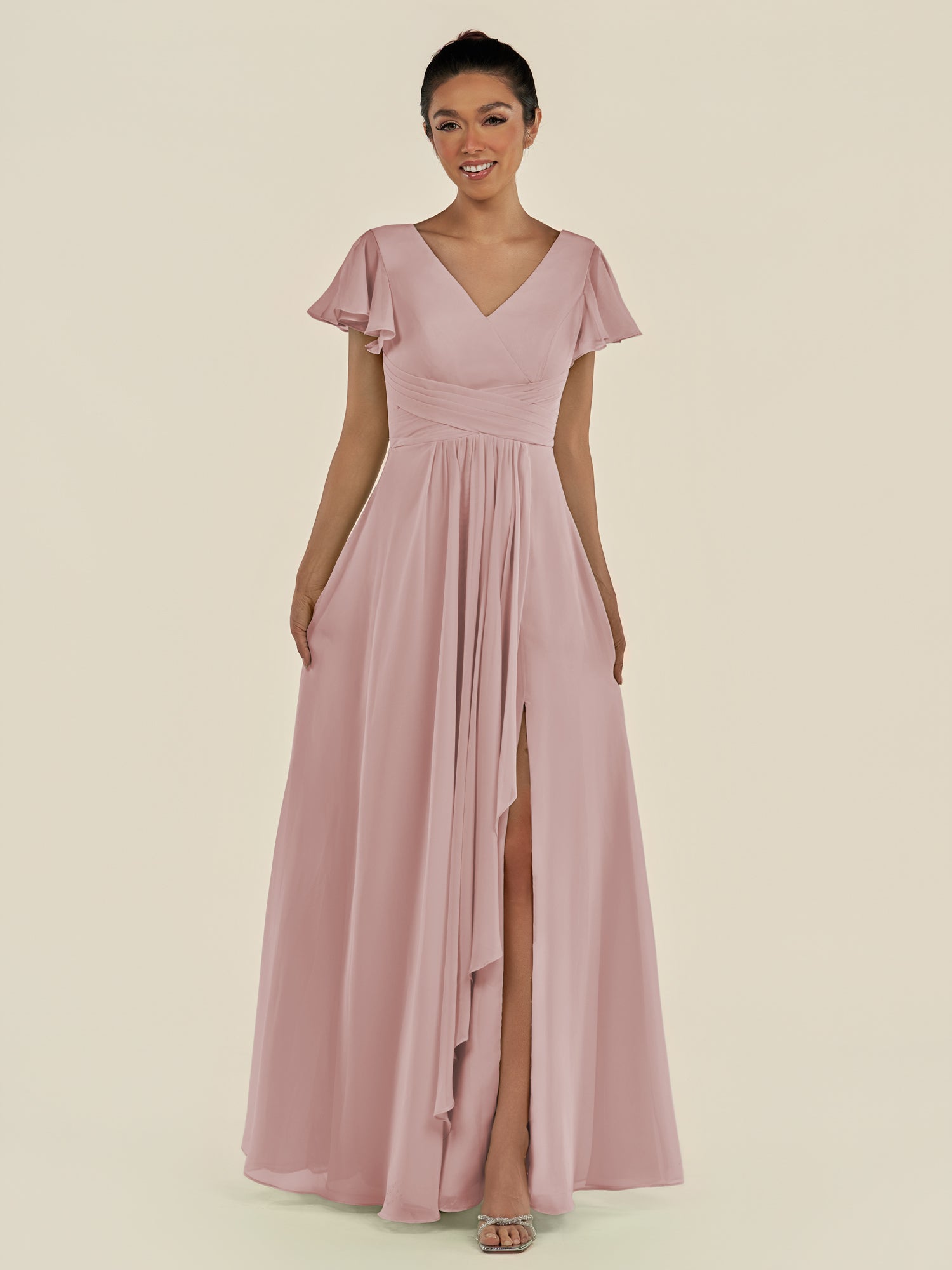 KissDress-Corin Dusty Rose A Line Chiffon V Neck Long Bridesmaid Dress with Flutter Sleeves