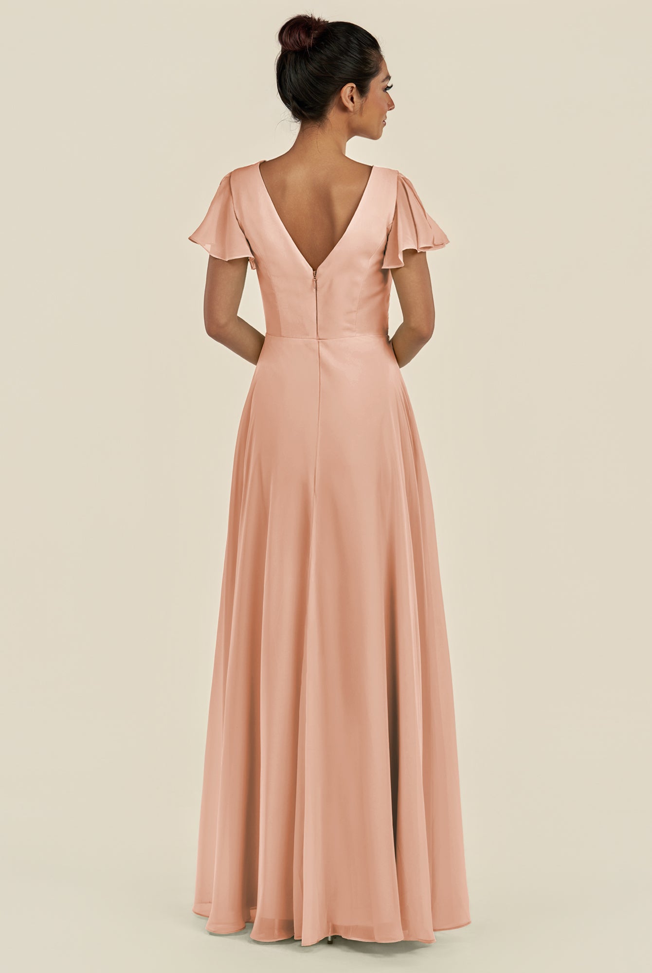 KissDress-Corin English Rose A Line Chiffon V Neck Long Bridesmaid Dress with Flutter Sleeves