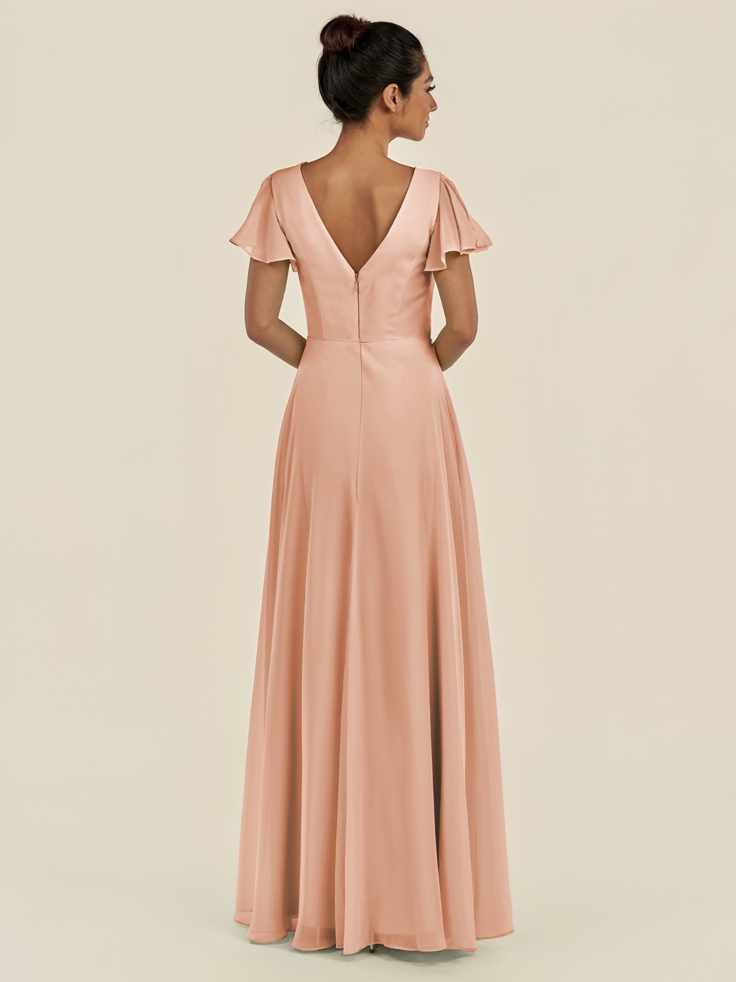 KissDress-Corin English Rose A Line Chiffon V Neck Long Bridesmaid Dress with Flutter Sleeves