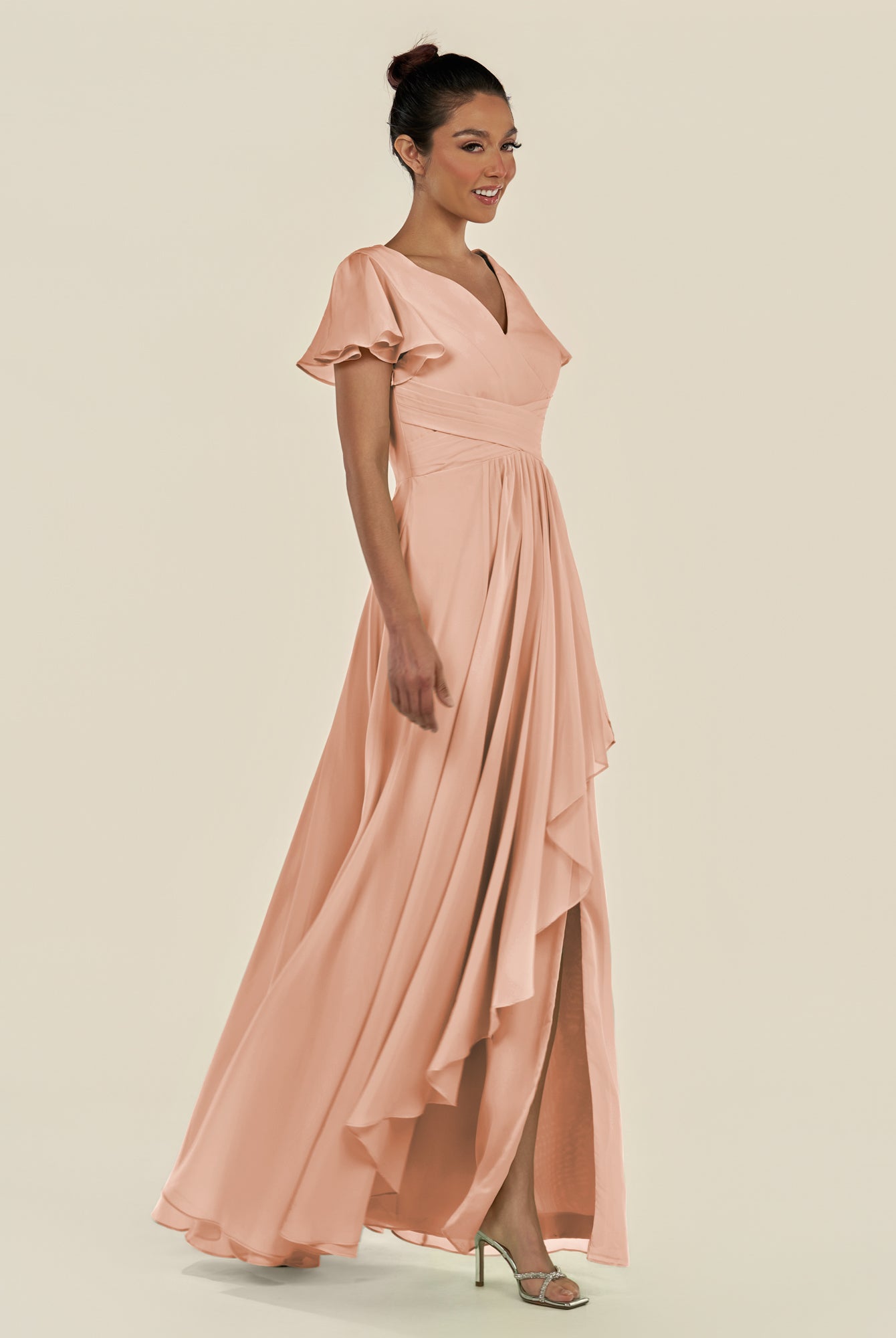 KissDress-Corin English Rose A Line Chiffon V Neck Long Bridesmaid Dress with Flutter Sleeves
