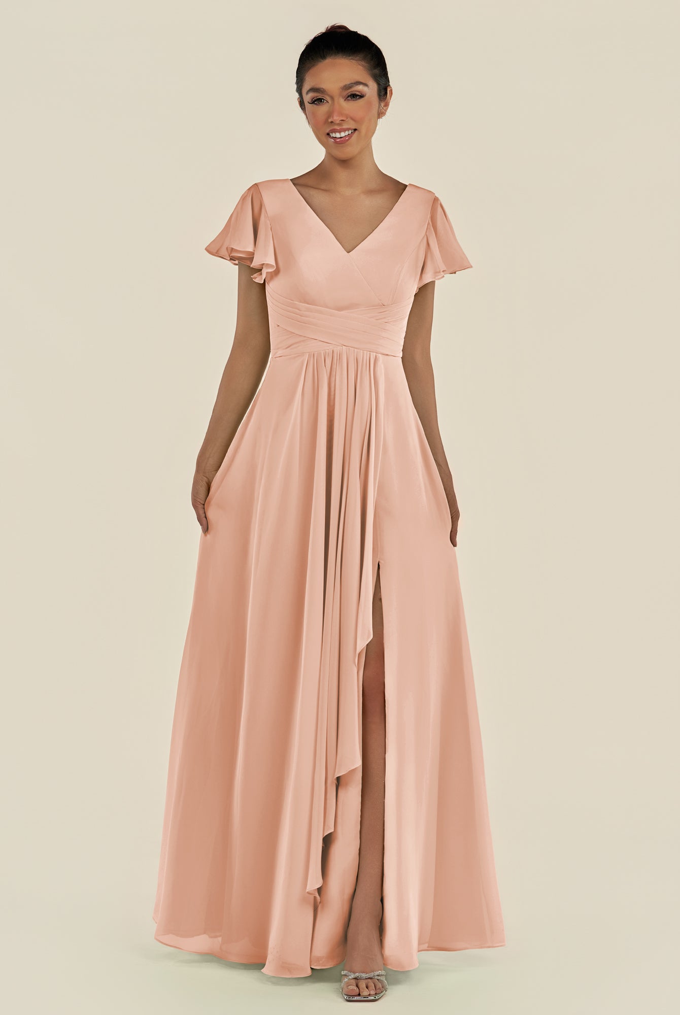 KissDress-Corin English Rose A Line Chiffon V Neck Long Bridesmaid Dress with Flutter Sleeves