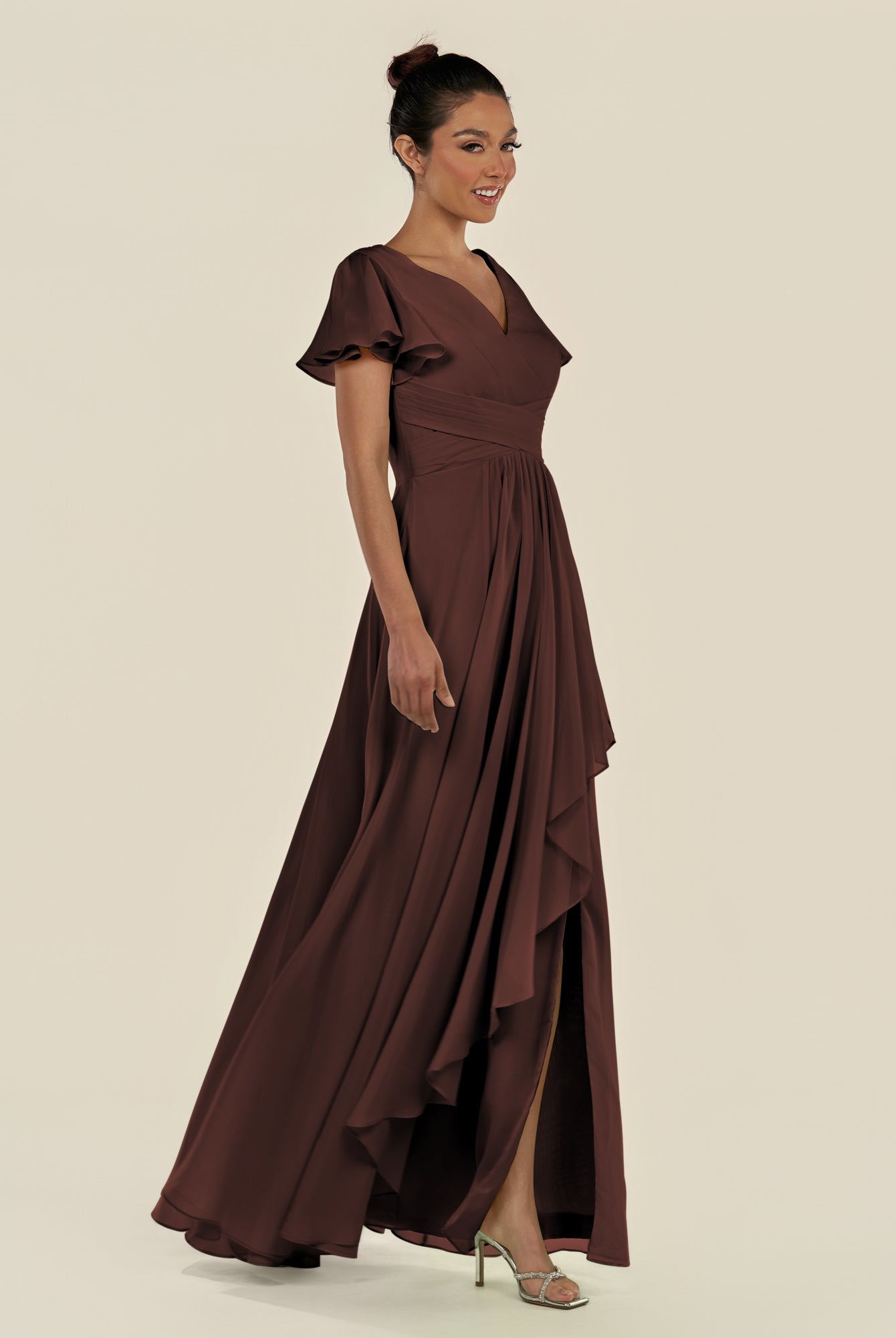 KissDress-Corin Espresso A Line Chiffon V Neck Long Bridesmaid Dress with Flutter Sleeves