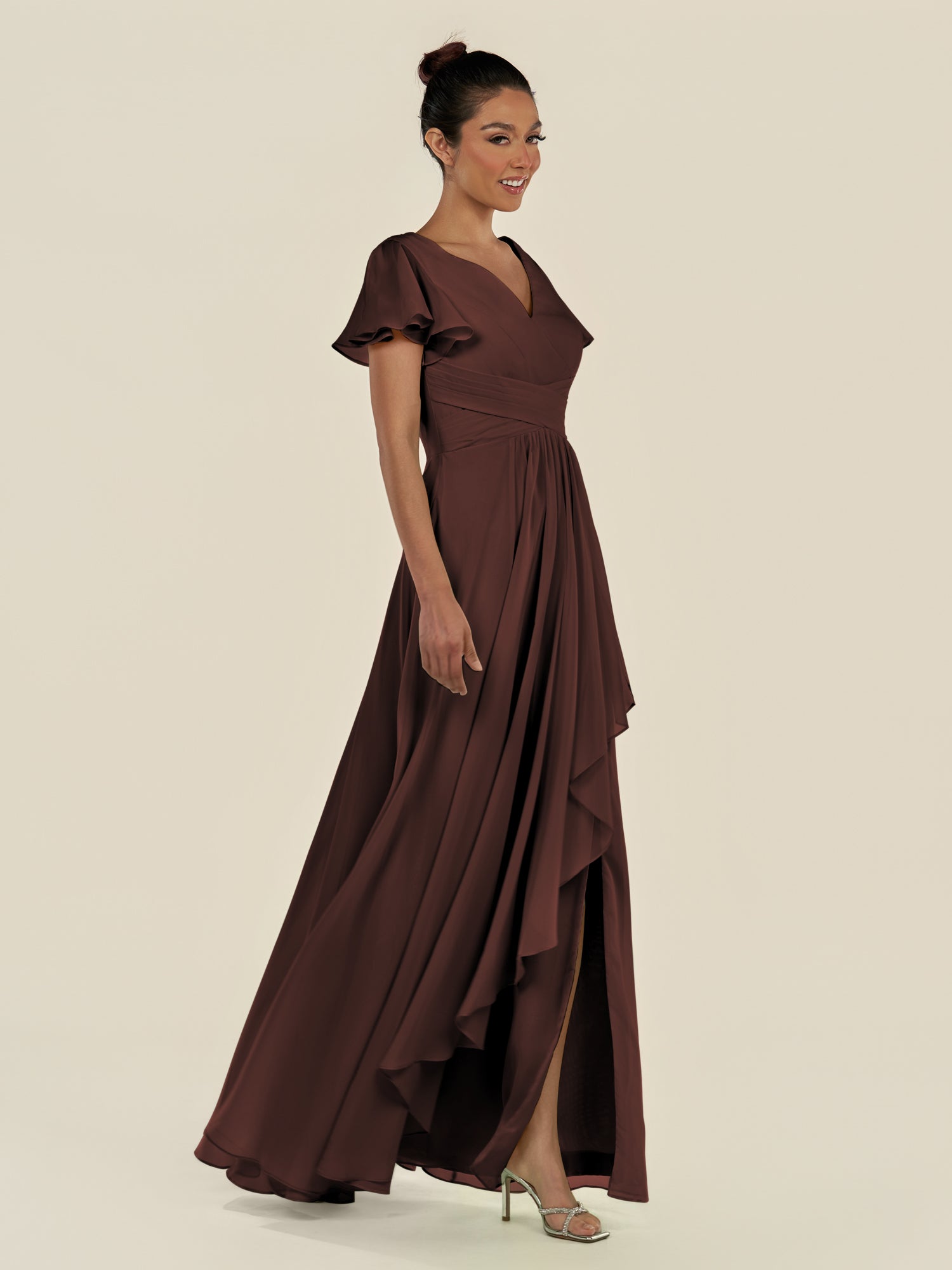 KissDress-Corin Espresso A Line Chiffon V Neck Long Bridesmaid Dress with Flutter Sleeves