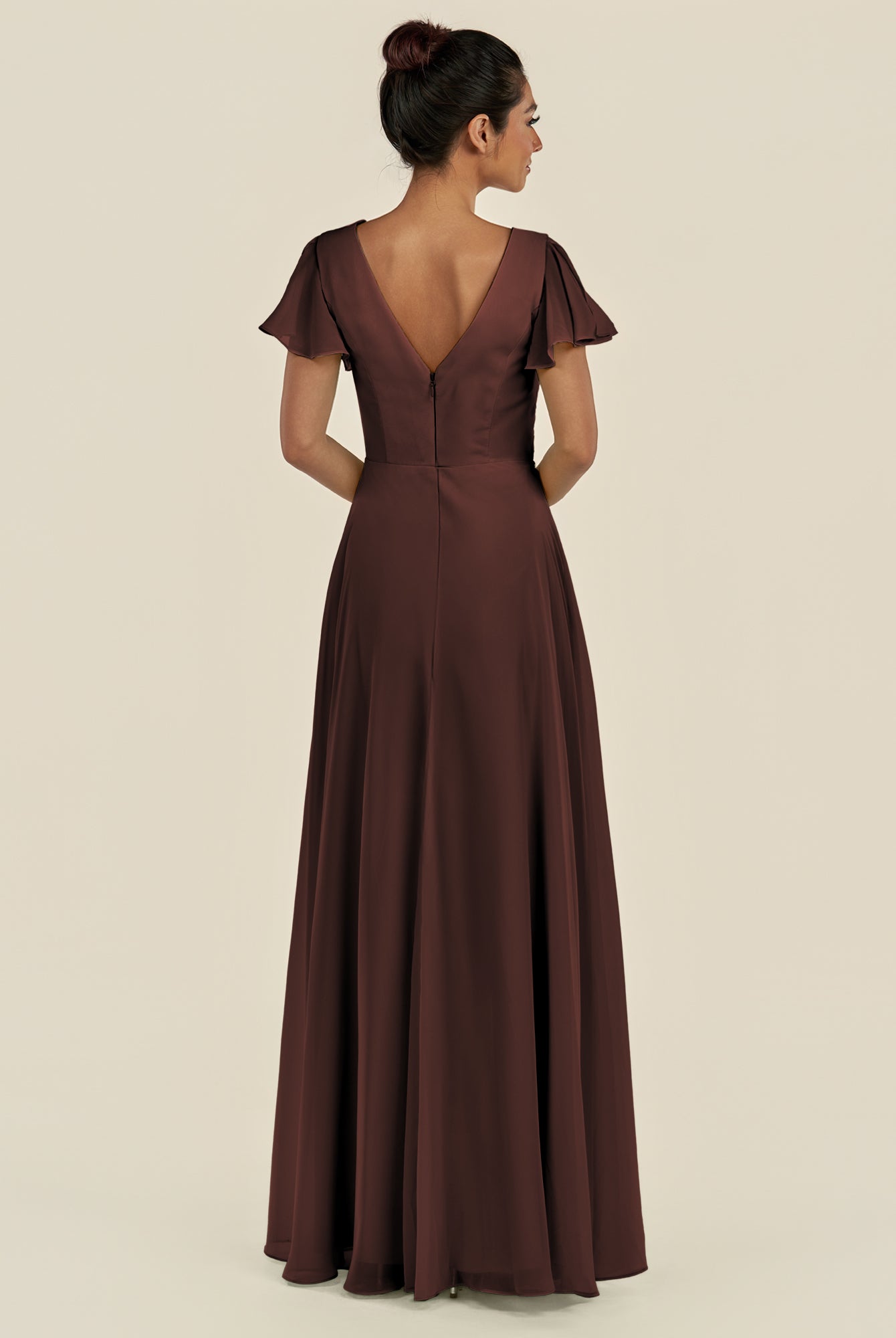 KissDress-Corin Espresso A Line Chiffon V Neck Long Bridesmaid Dress with Flutter Sleeves