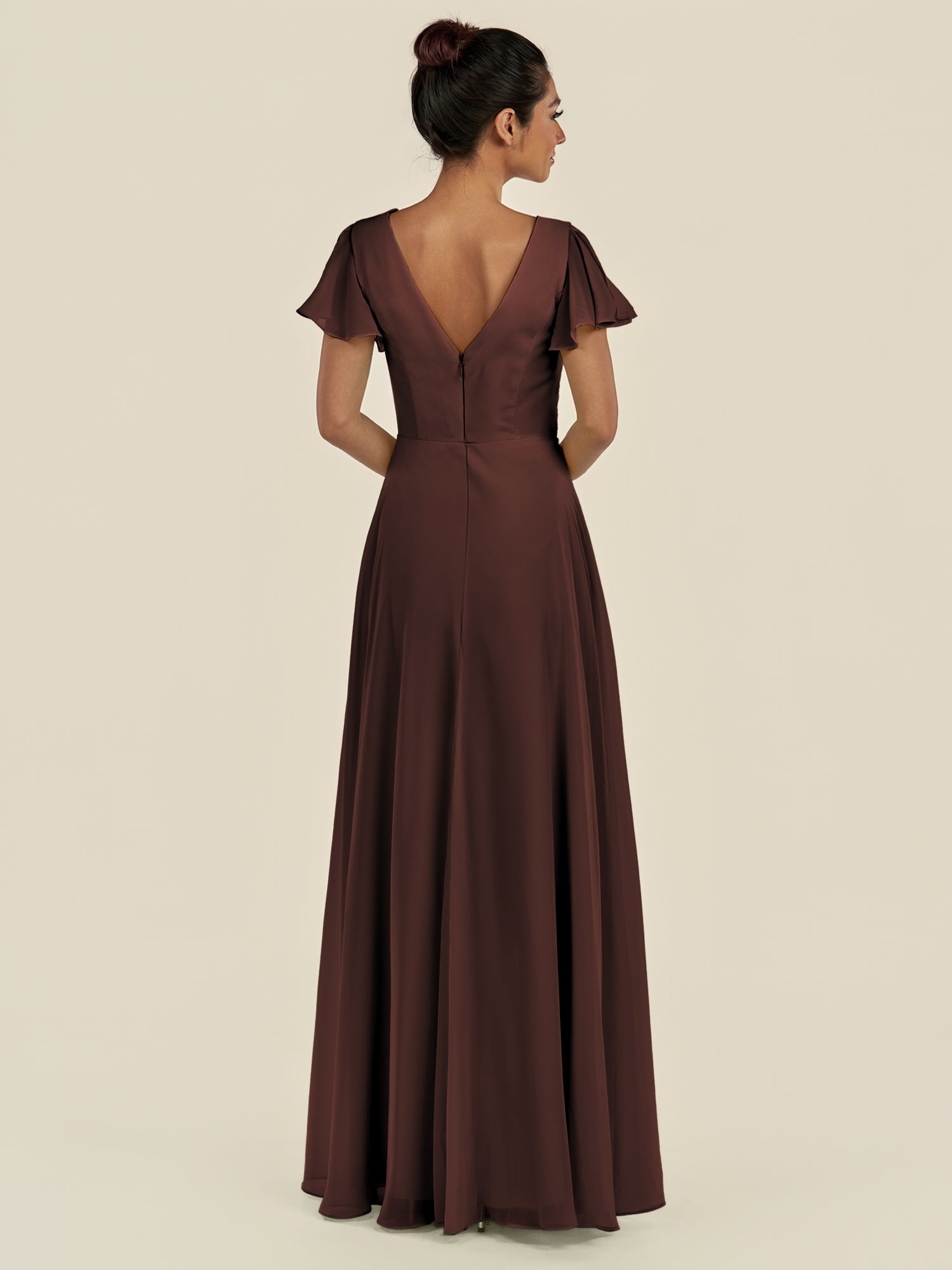 KissDress-Corin Espresso A Line Chiffon V Neck Long Bridesmaid Dress with Flutter Sleeves