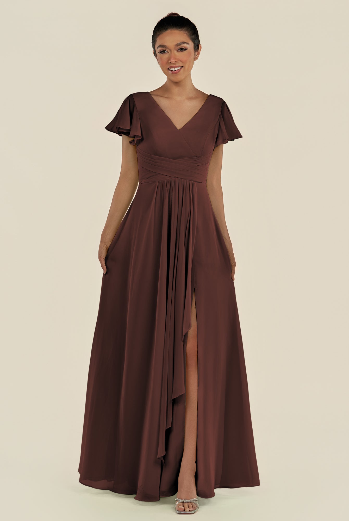 KissDress-Corin Espresso A Line Chiffon V Neck Long Bridesmaid Dress with Flutter Sleeves