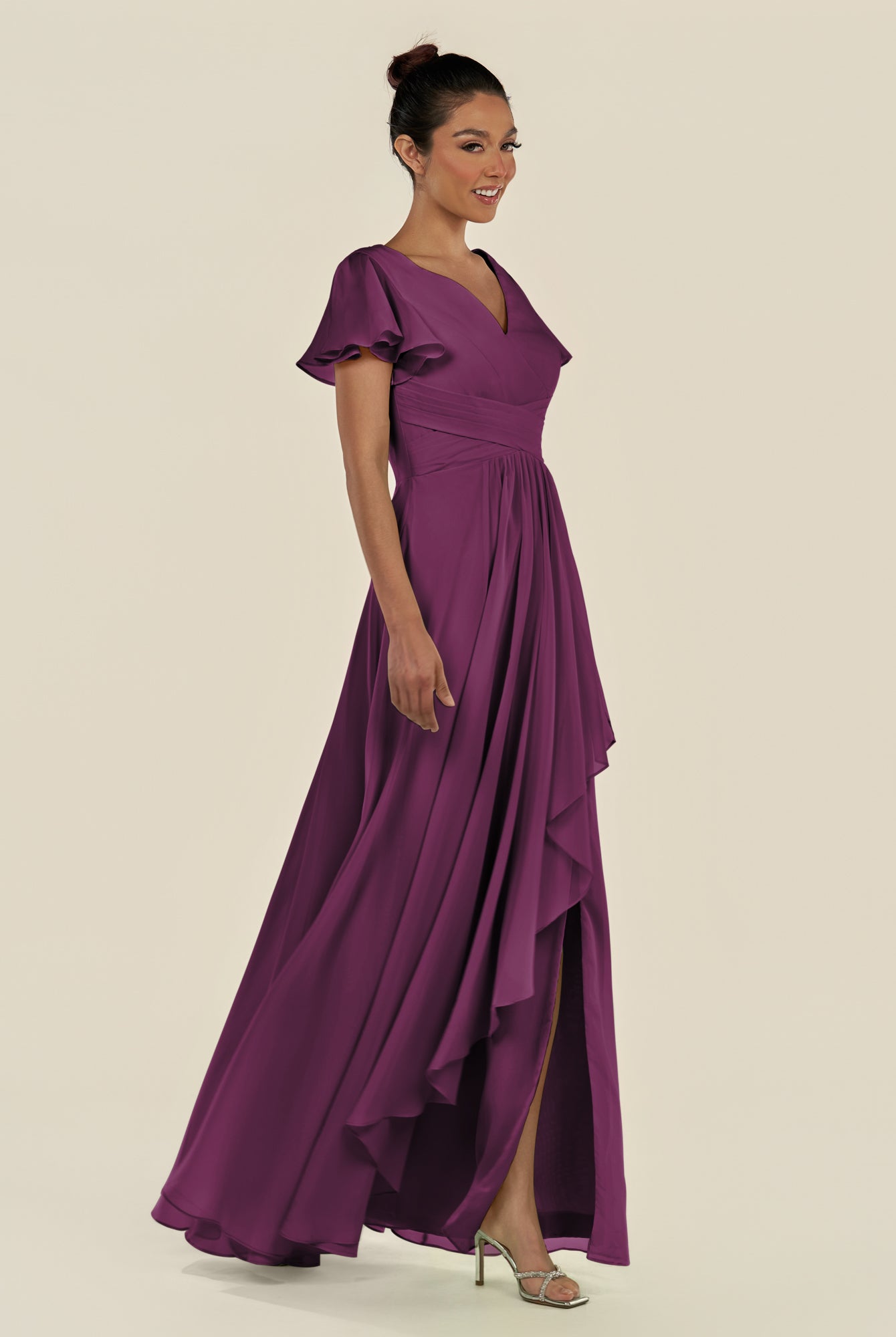 KissDress-Corin Fig A Line Chiffon V Neck Long Bridesmaid Dress with Flutter Sleeves