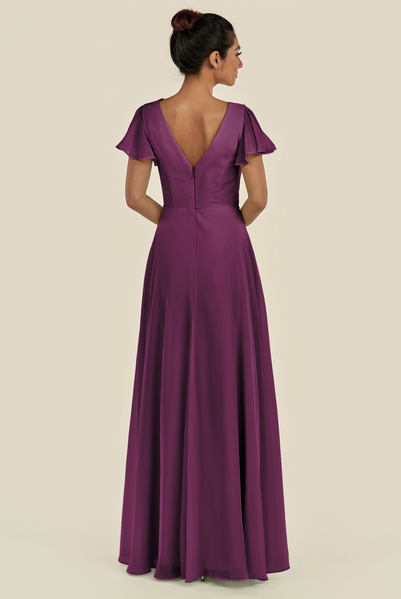 KissDress-Corin Fig A Line Chiffon V Neck Long Bridesmaid Dress with Flutter Sleeves