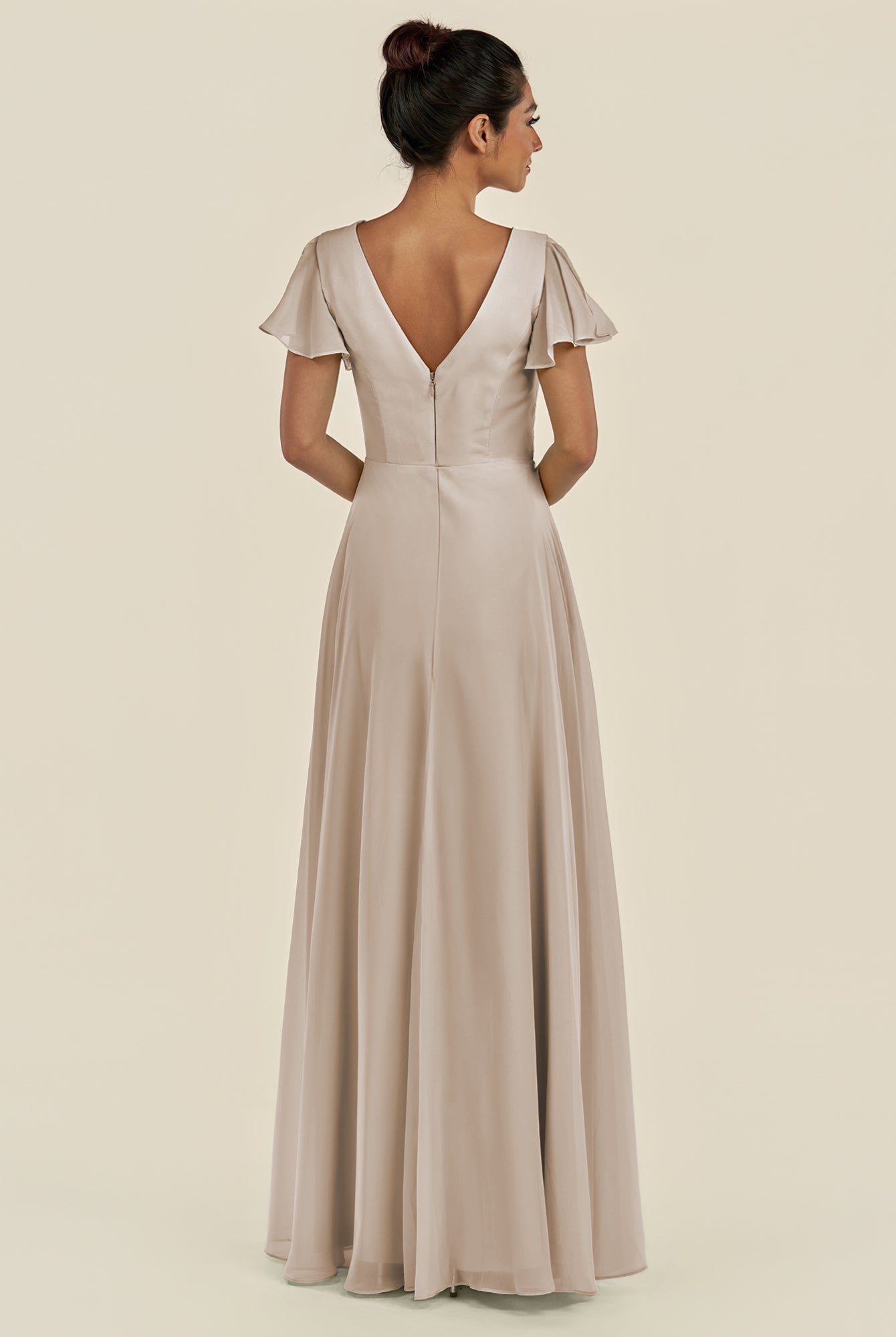 KissDress-Corin Frost A Line Chiffon V Neck Long Bridesmaid Dress with Flutter Sleeves
