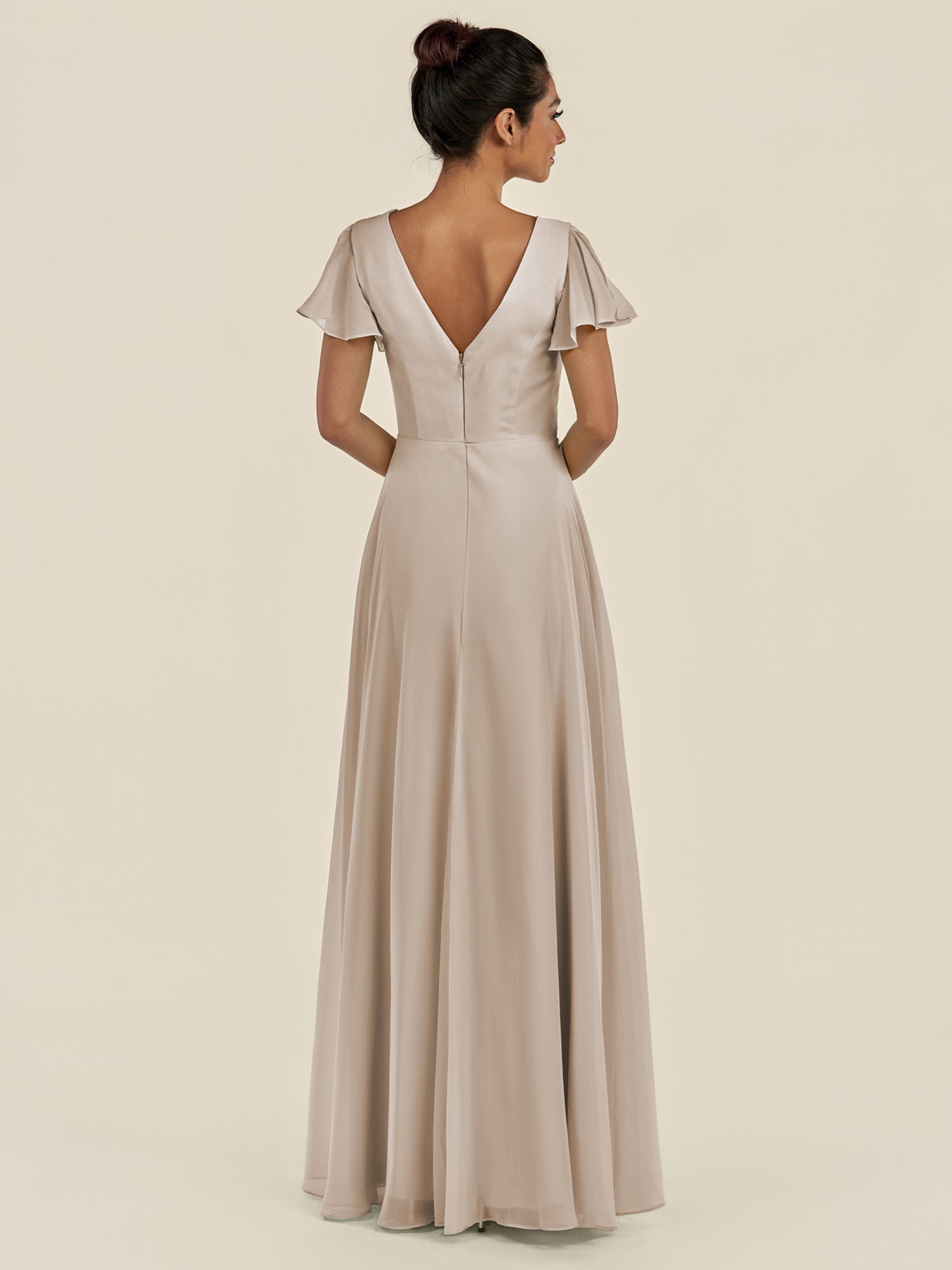 KissDress-Corin Frost A Line Chiffon V Neck Long Bridesmaid Dress with Flutter Sleeves