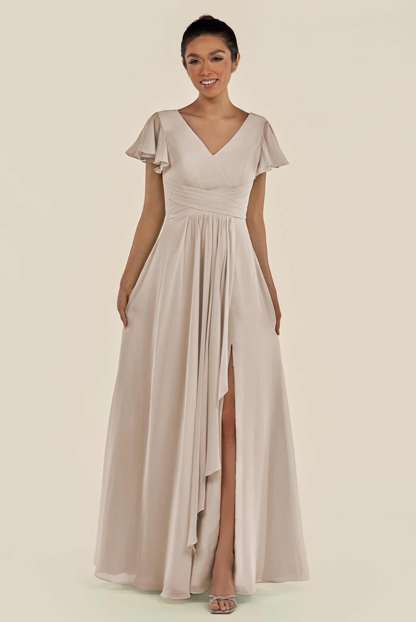 KissDress-Corin Frost A Line Chiffon V Neck Long Bridesmaid Dress with Flutter Sleeves