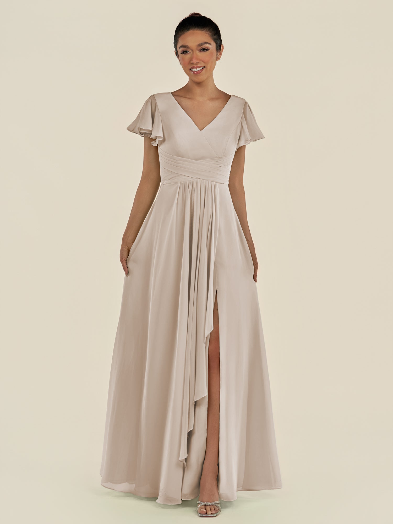 KissDress-Corin Frost A Line Chiffon V Neck Long Bridesmaid Dress with Flutter Sleeves