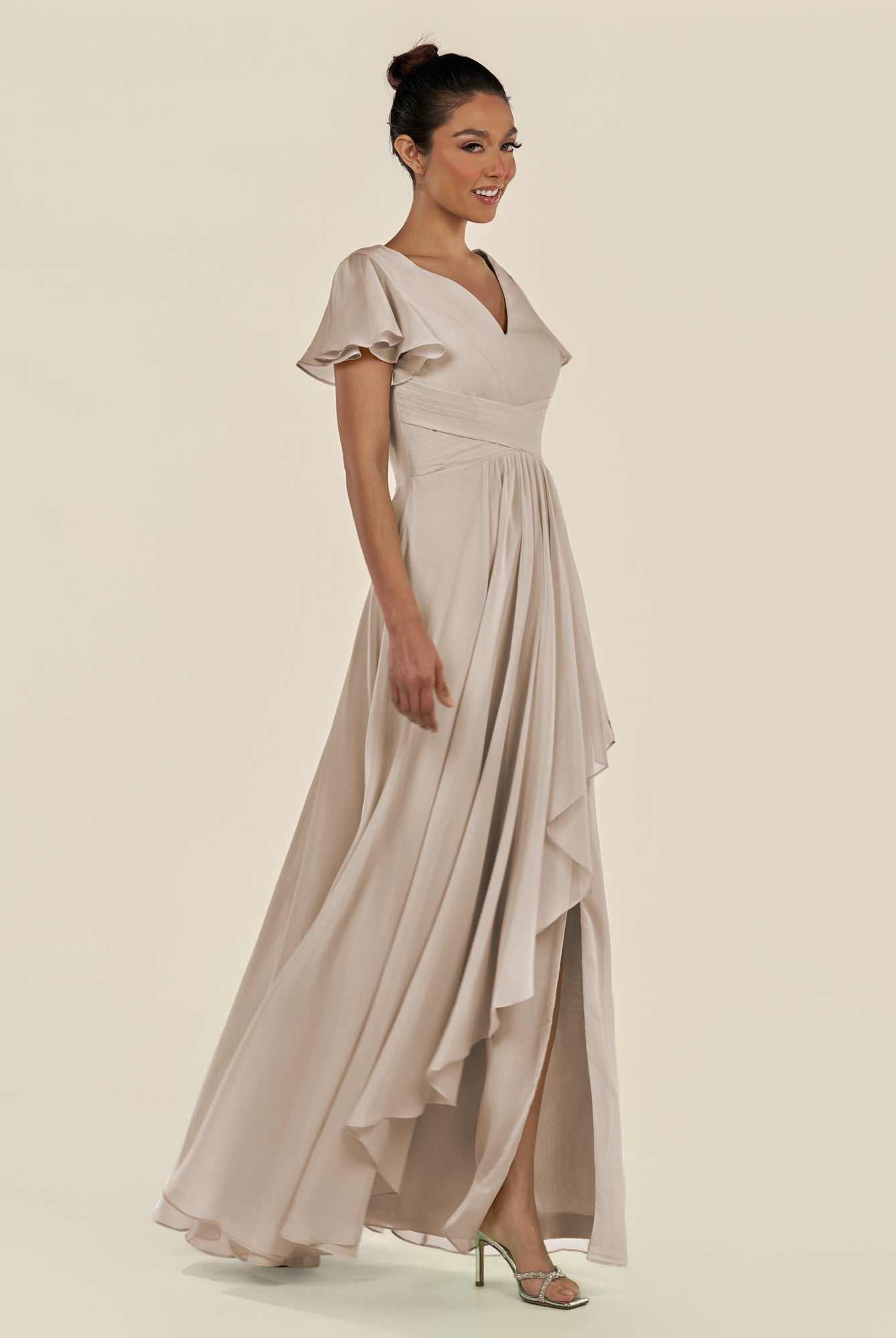 KissDress-Corin Frost A Line Chiffon V Neck Long Bridesmaid Dress with Flutter Sleeves