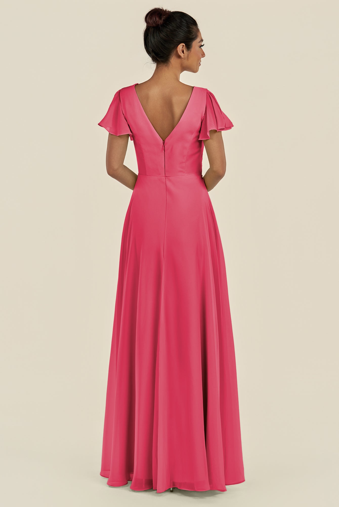 KissDress-Corin Fuchsia A Line Chiffon V Neck Long Bridesmaid Dress with Flutter Sleeves