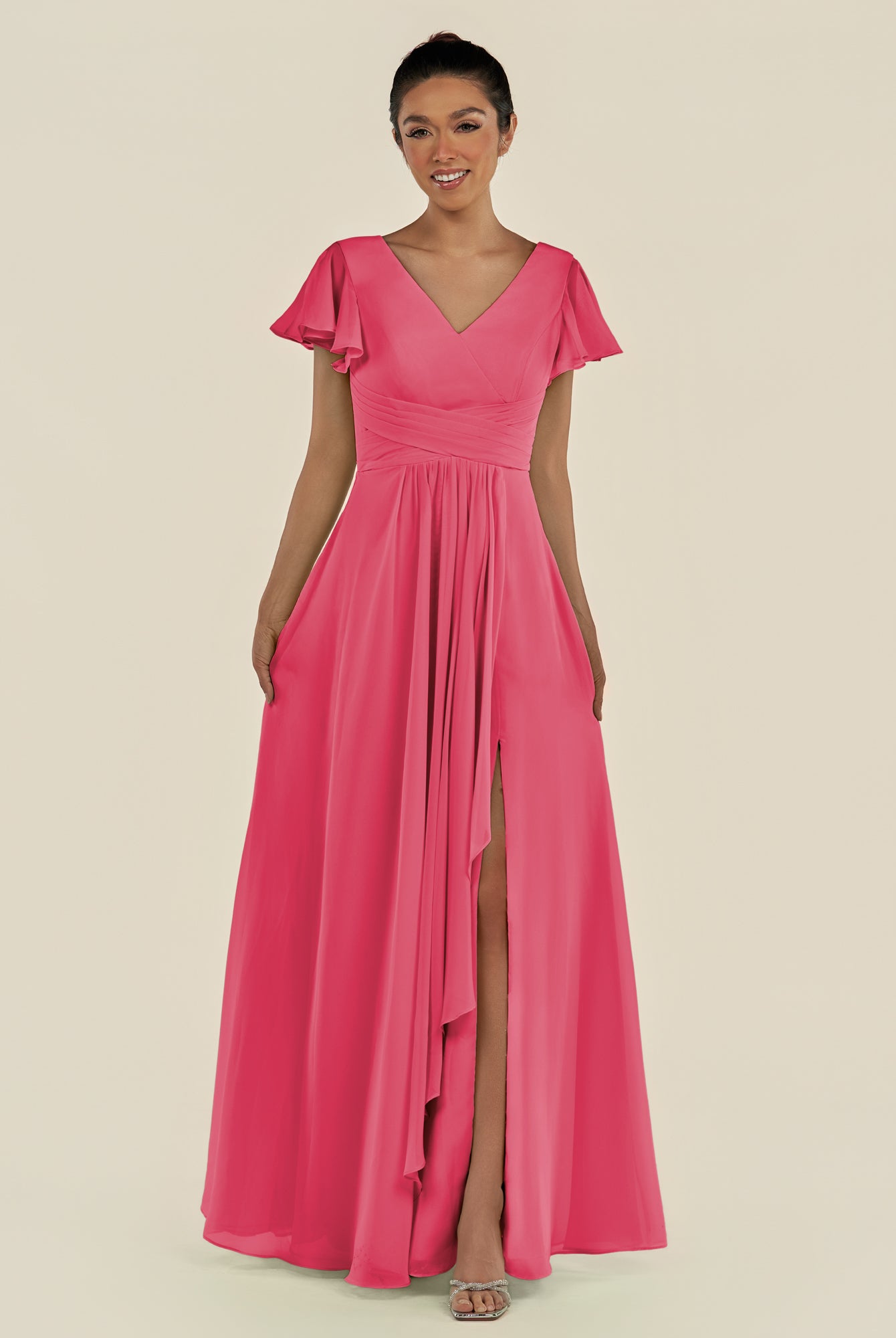 KissDress-Corin Fuchsia A Line Chiffon V Neck Long Bridesmaid Dress with Flutter Sleeves