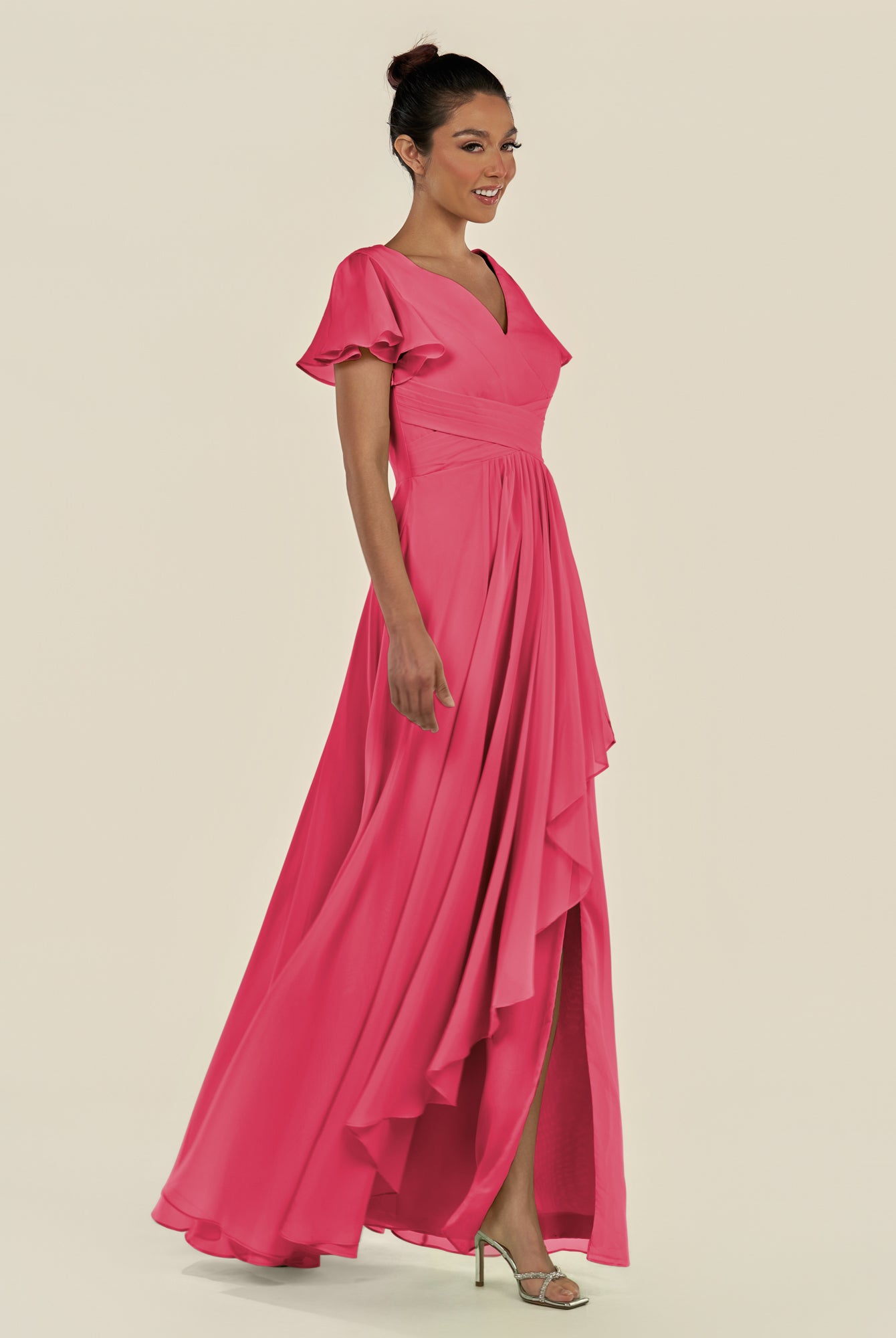 KissDress-Corin Fuchsia A Line Chiffon V Neck Long Bridesmaid Dress with Flutter Sleeves