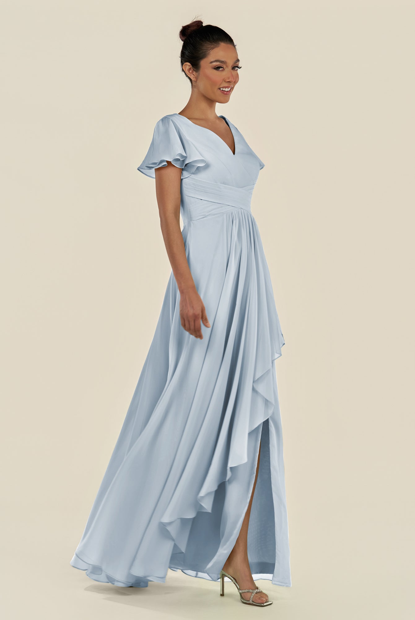 KissDress-Corin Ice A Line Chiffon V Neck Long Bridesmaid Dress with Flutter Sleeves