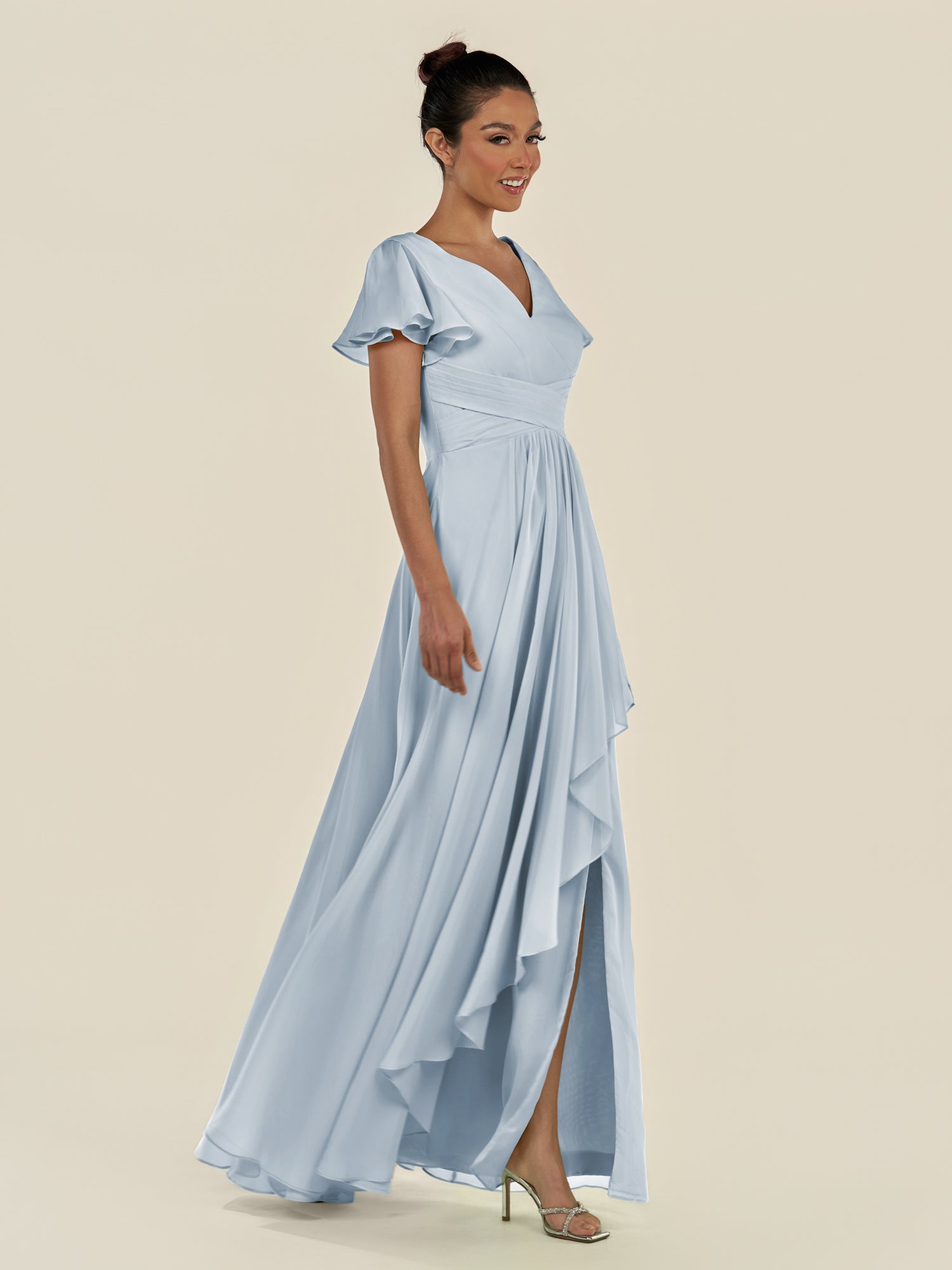 KissDress-Corin Ice A Line Chiffon V Neck Long Bridesmaid Dress with Flutter Sleeves
